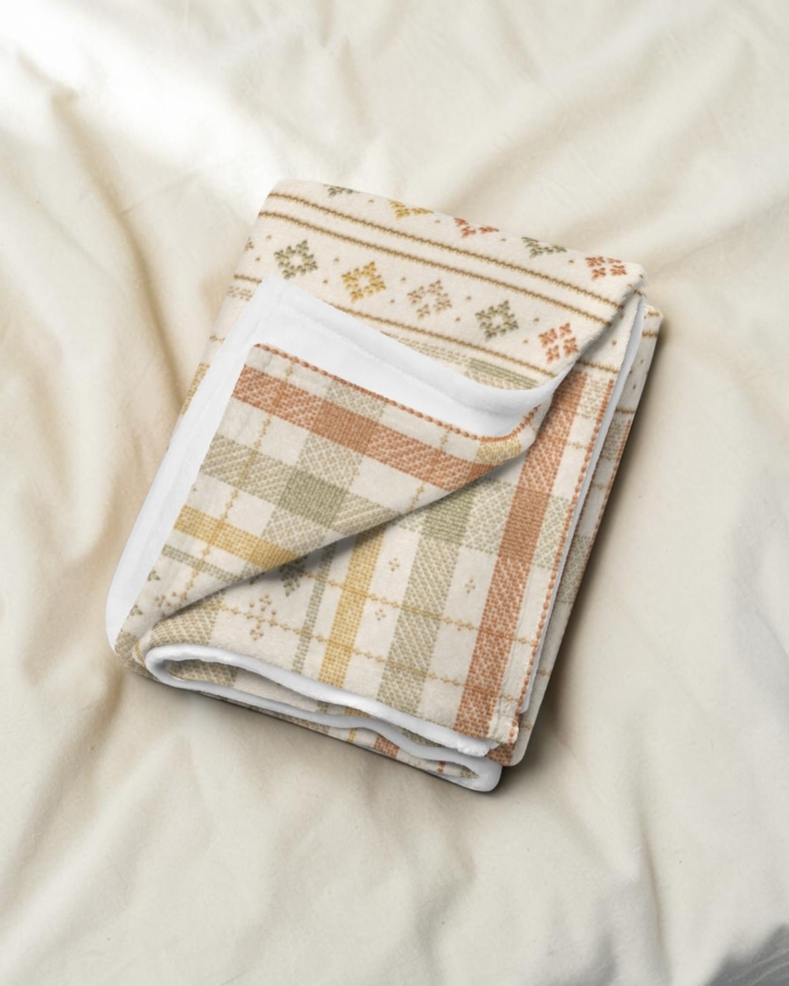 Woven Through The Wild Throw Blanket, with vintage woven plaid in sage, apricot, peach, and sand print