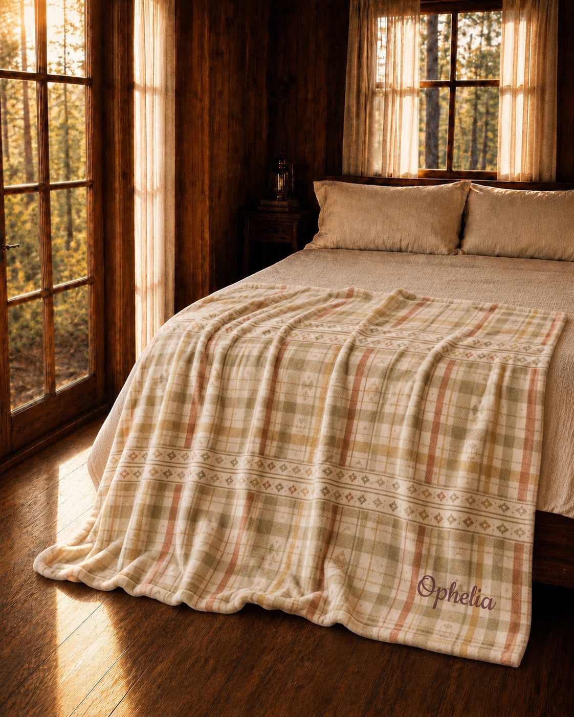 Woven Through The Wild Throw Blanket, with vintage woven plaid in sage, apricot, peach, and sand print