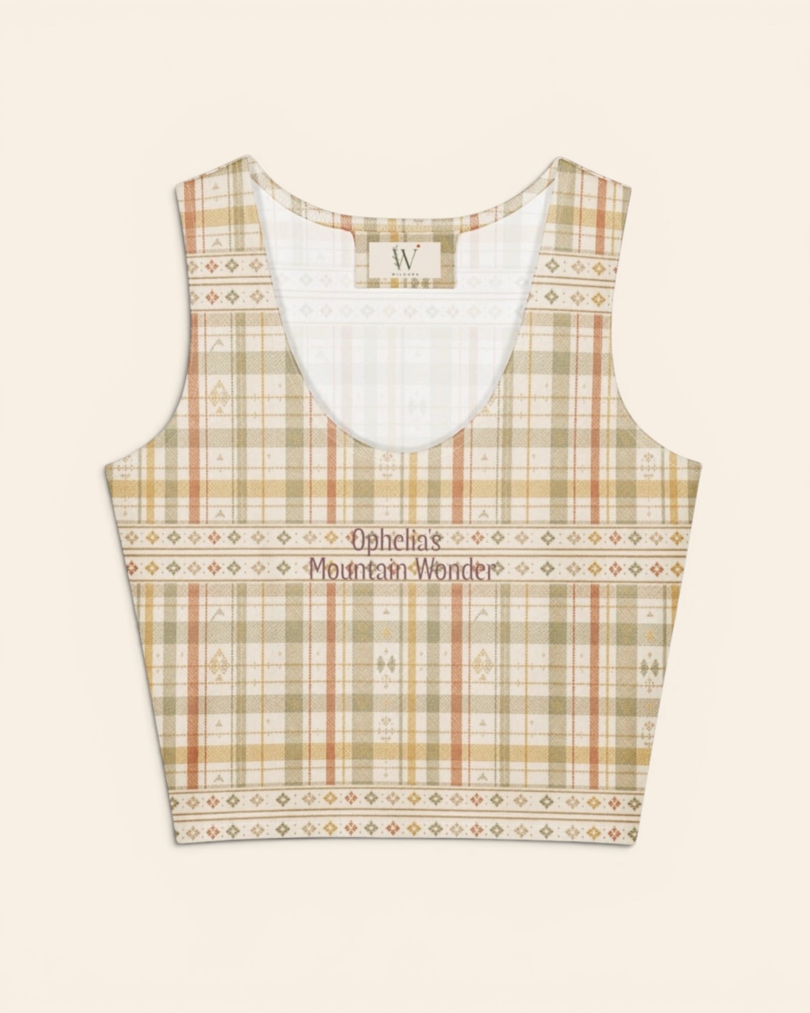 Woven Through The Wild Crop Top, with vintage woven plaid in sage, apricot, peach, and sand print