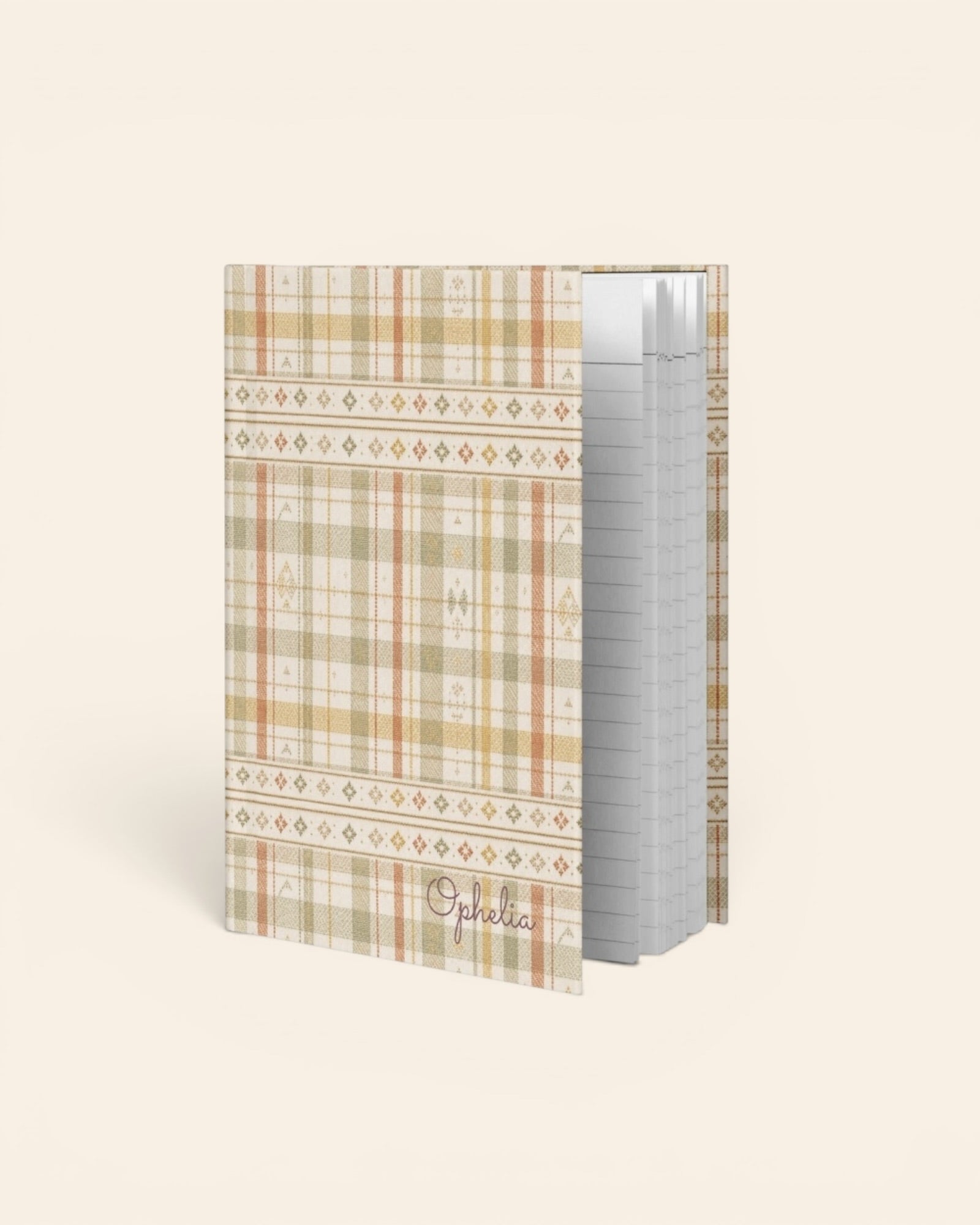 Woven Through The Wild Journal, with vintage woven plaid in sage, apricot, peach, and sand print