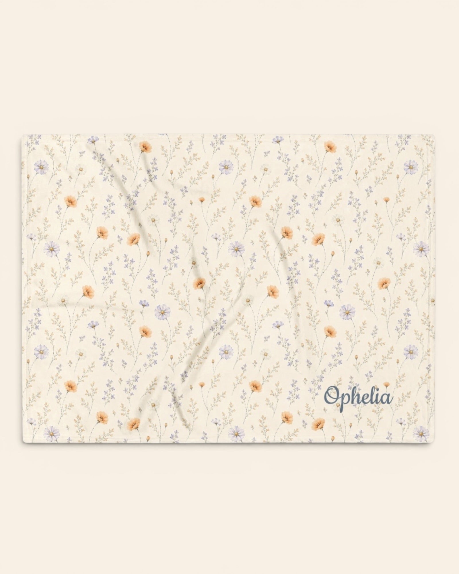 Garden Reverie Throw Blanket, with peach poppies, blue cosmos, forget-me-nots, and daisies print