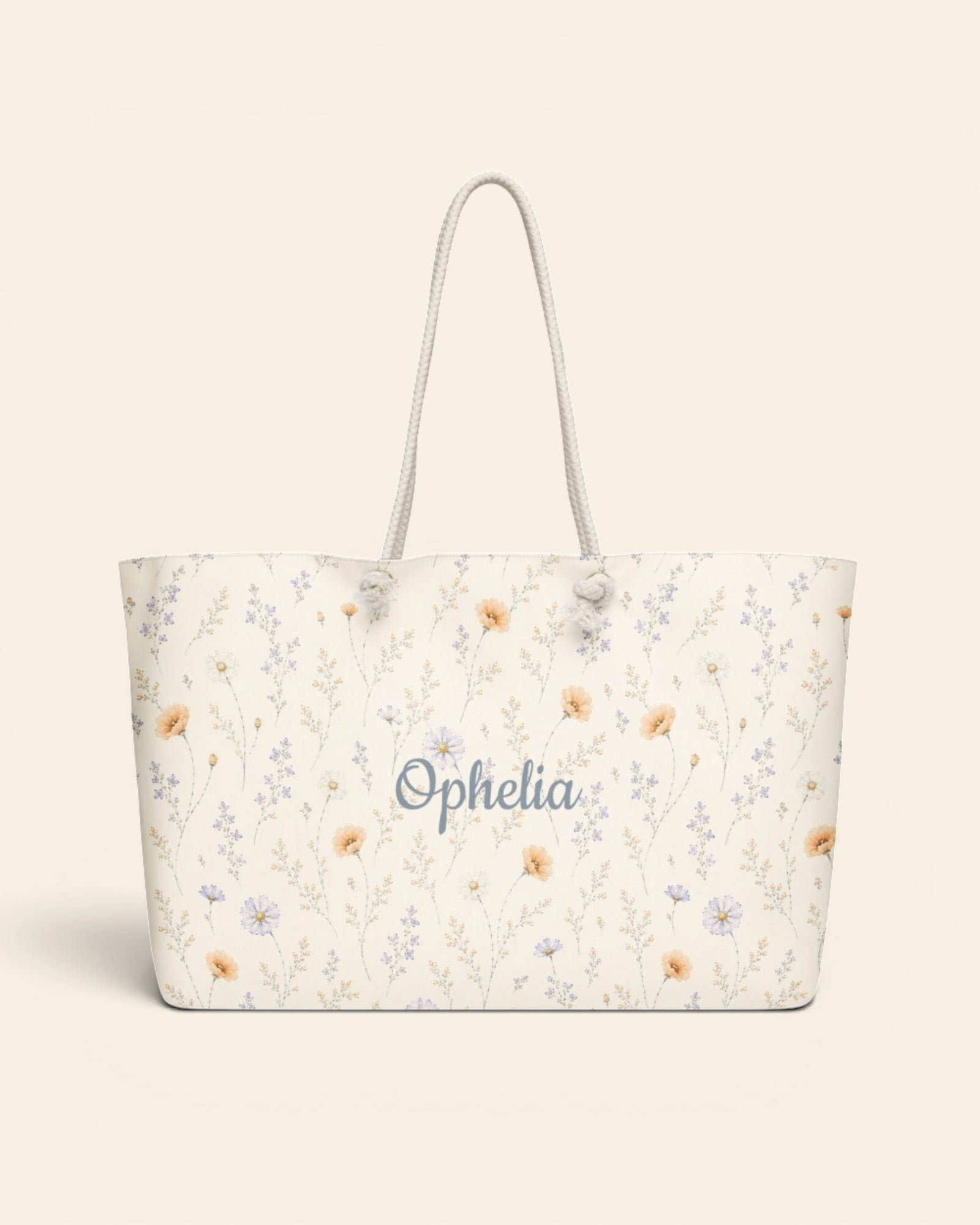 Garden Reverie Weekender Bag, with peach poppies, blue cosmos, forget-me-nots, and daisies print