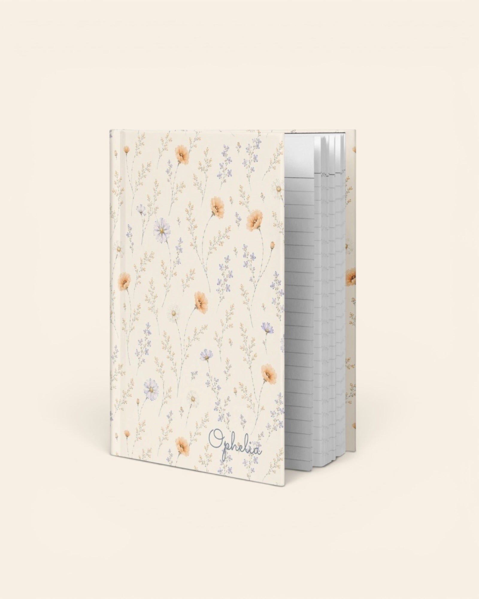 Garden Reverie Journal, with peach poppies, blue cosmos, forget-me-nots, and daisies print