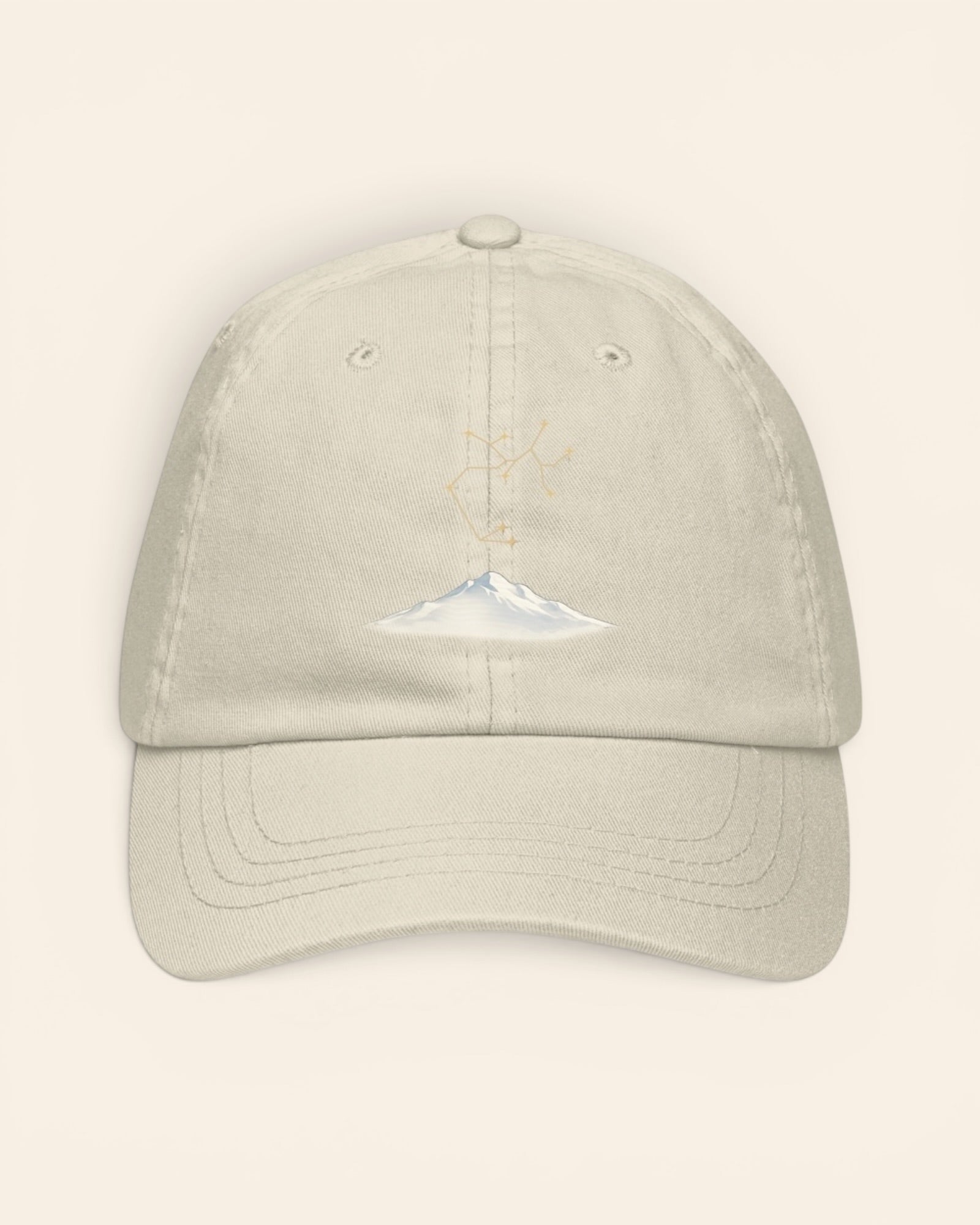 Sagittarius constellation hat with embroidered stars above a mountain ridge, in Beige