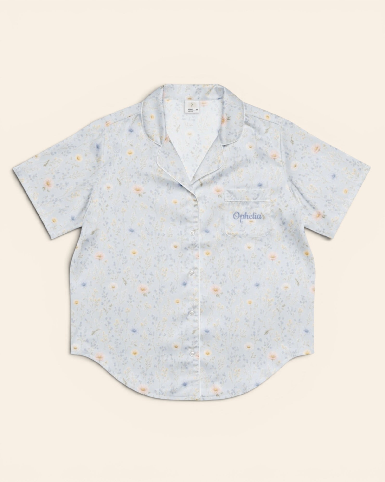 Blue Morning Blooms Short Sleeve Pajamas, with blue forget-me-nots, powder-blue cosmos, and white daisies print