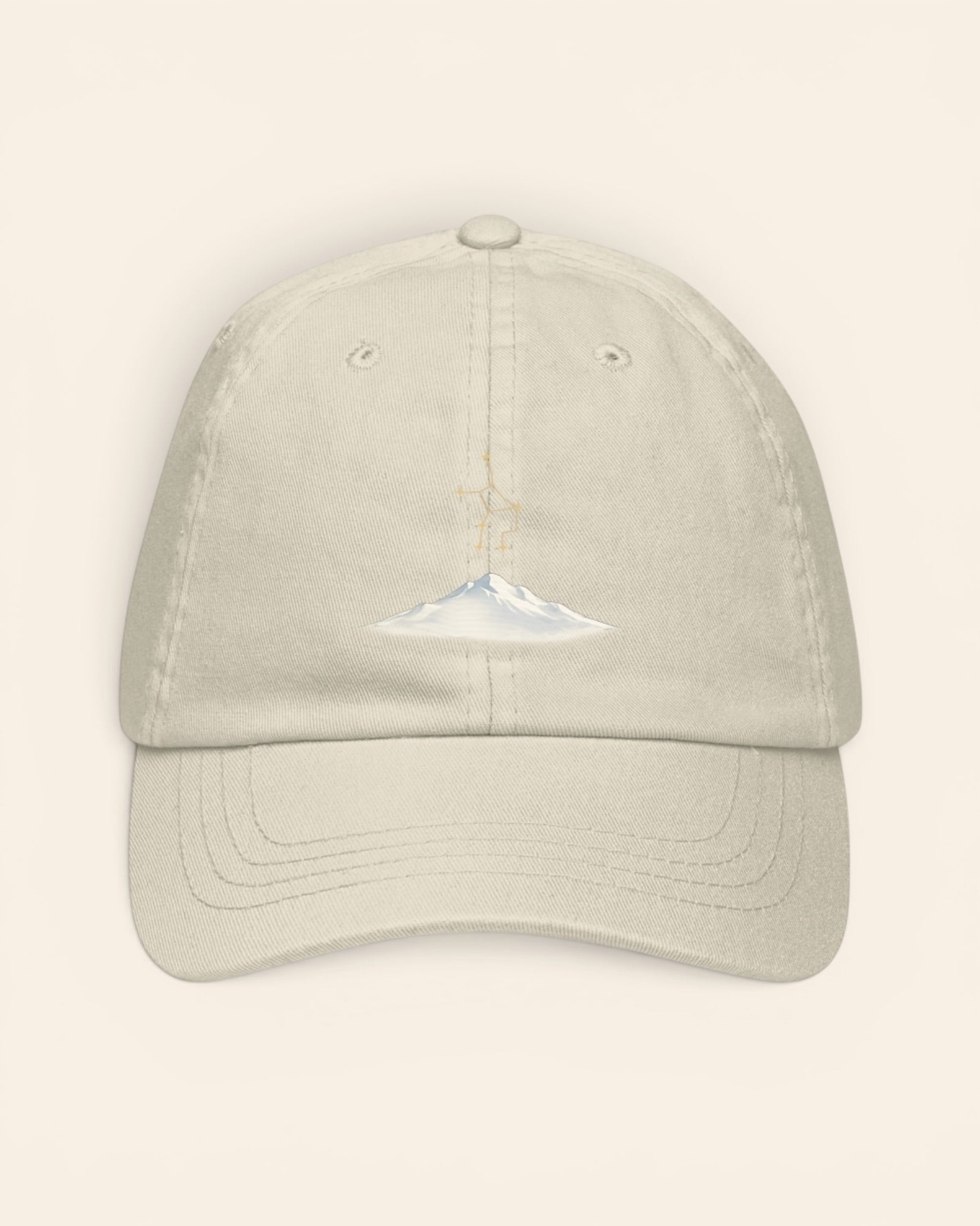 Virgo constellation hat with embroidered stars above a mountain ridge, in Beige