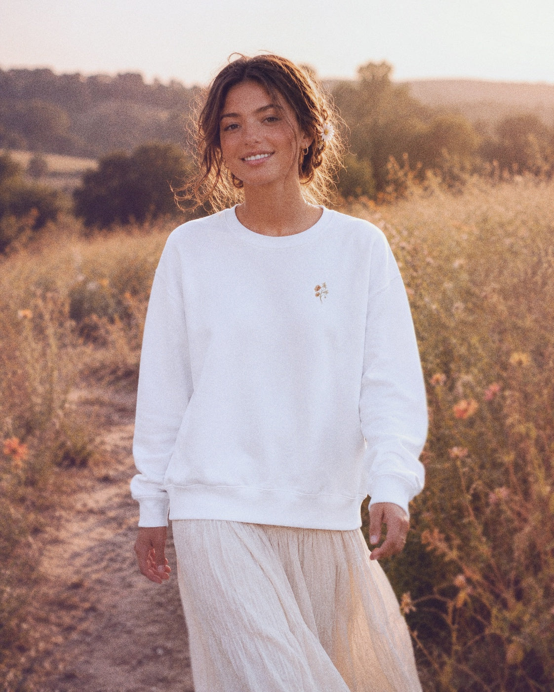 September birth flower crewneck sweatshirt with embroidered aster and morning glory