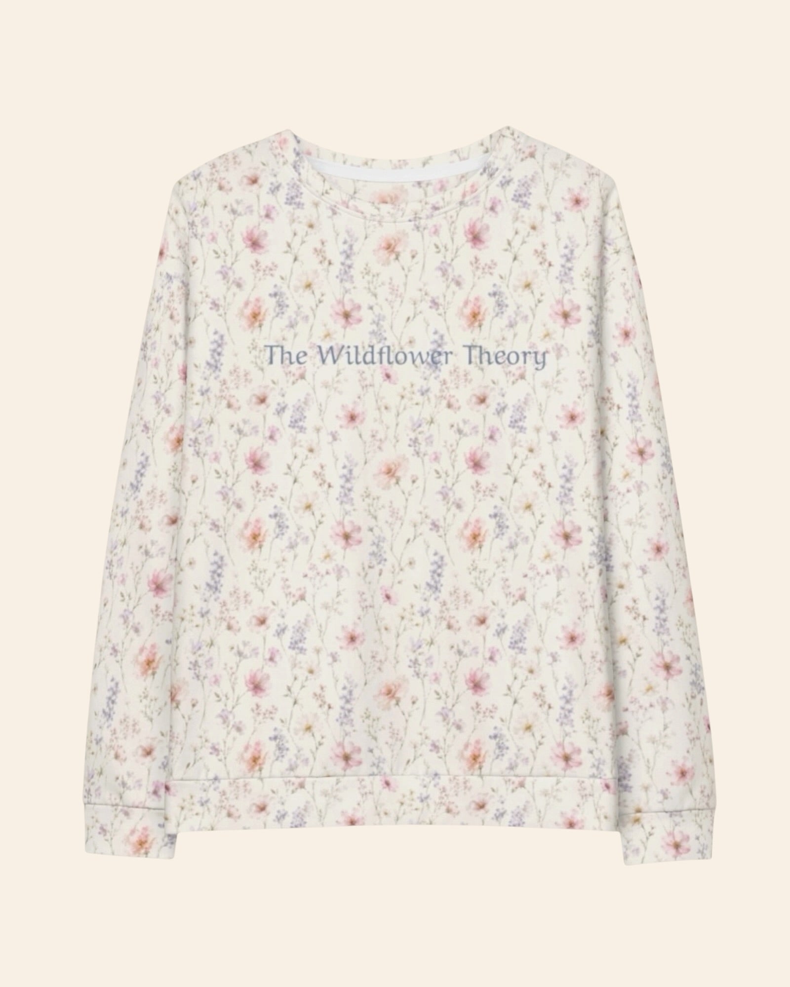 The Wildflower Theory Crewneck Sweatshirt, with blush cosmos, cottage roses, larkspur, and baby's breath print