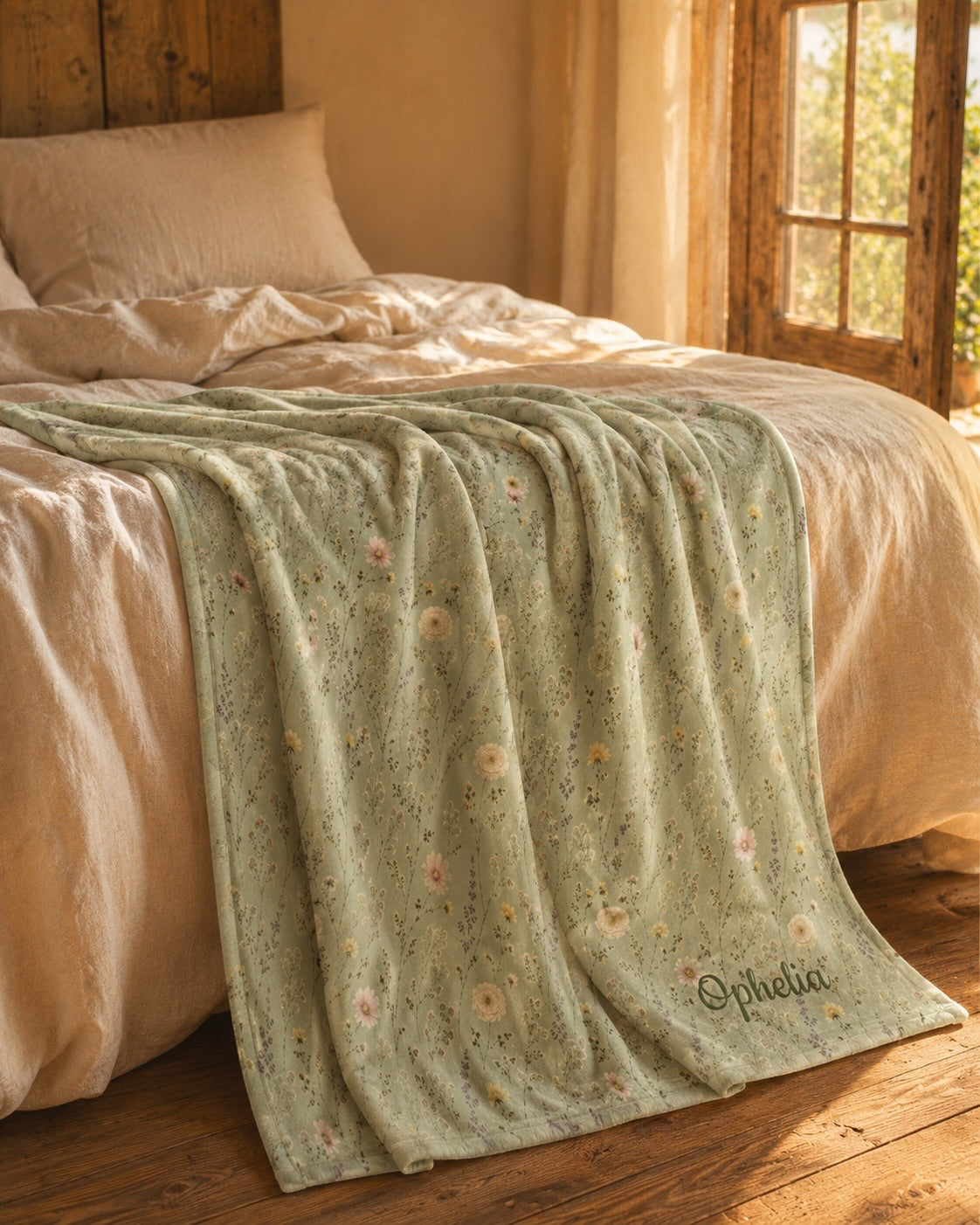 Secret Garden Throw Blanket, with ranunculus, cosmos, and larkspur print