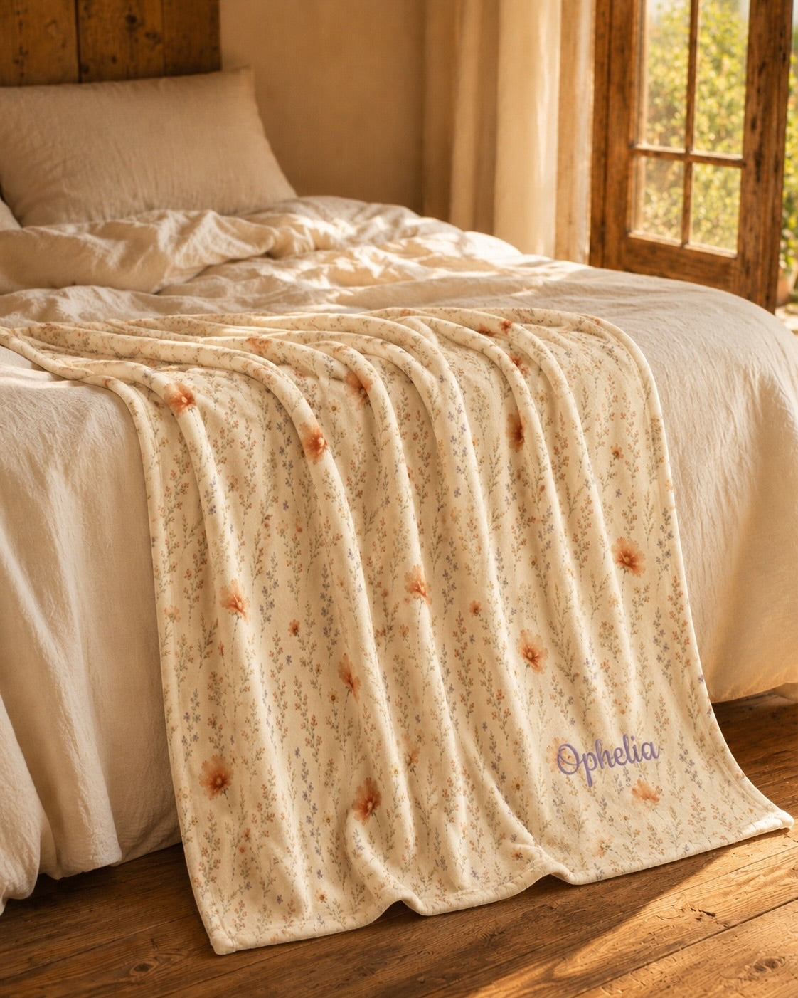 Wildflower Dreams Throw Blanket, with apricot cosmos, larkspur, baby's breath, and golden stems print