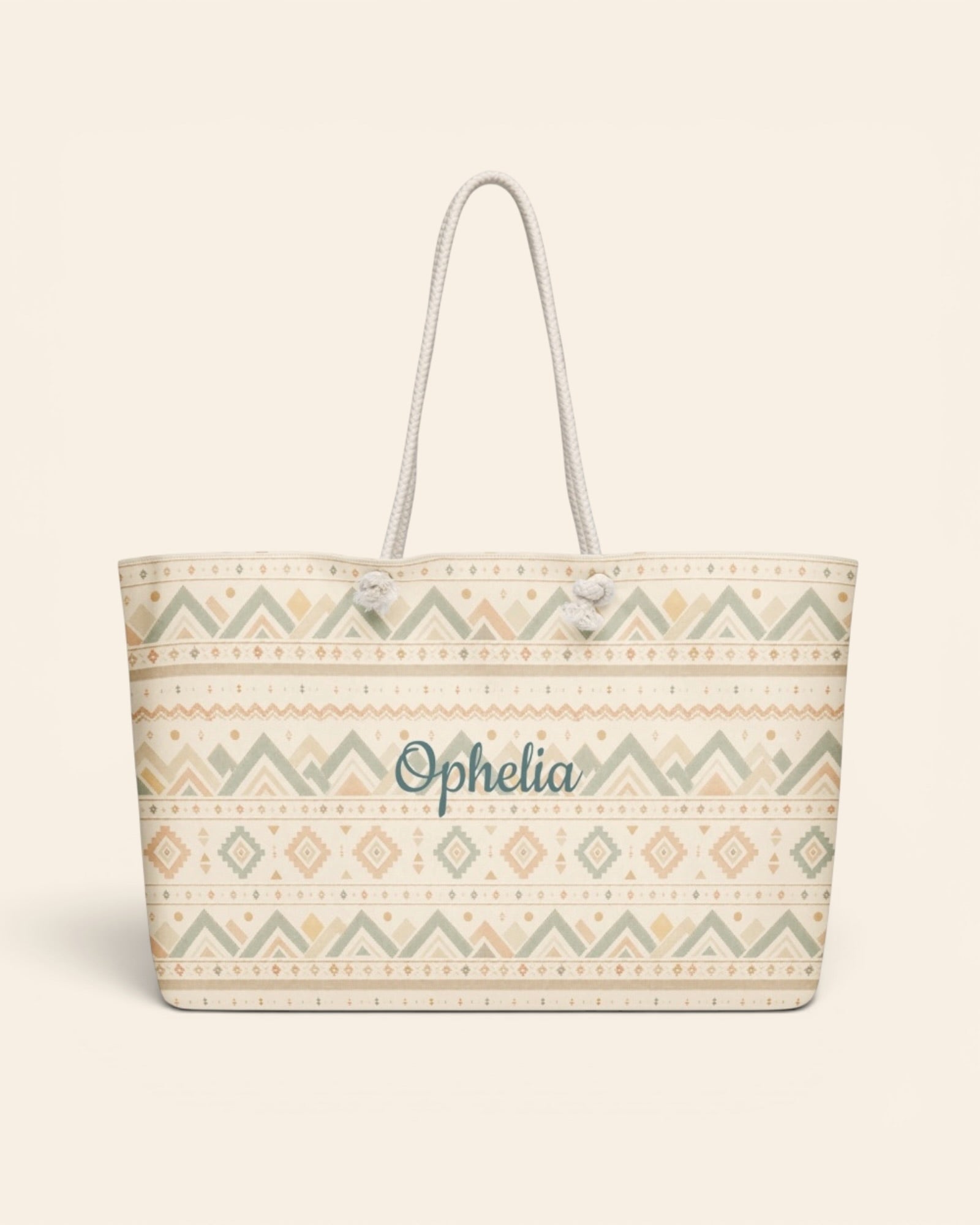 Where The Mountains Wait Weekender Bag, with mountain-inspired geometric bands in sage, sand, and peach print
