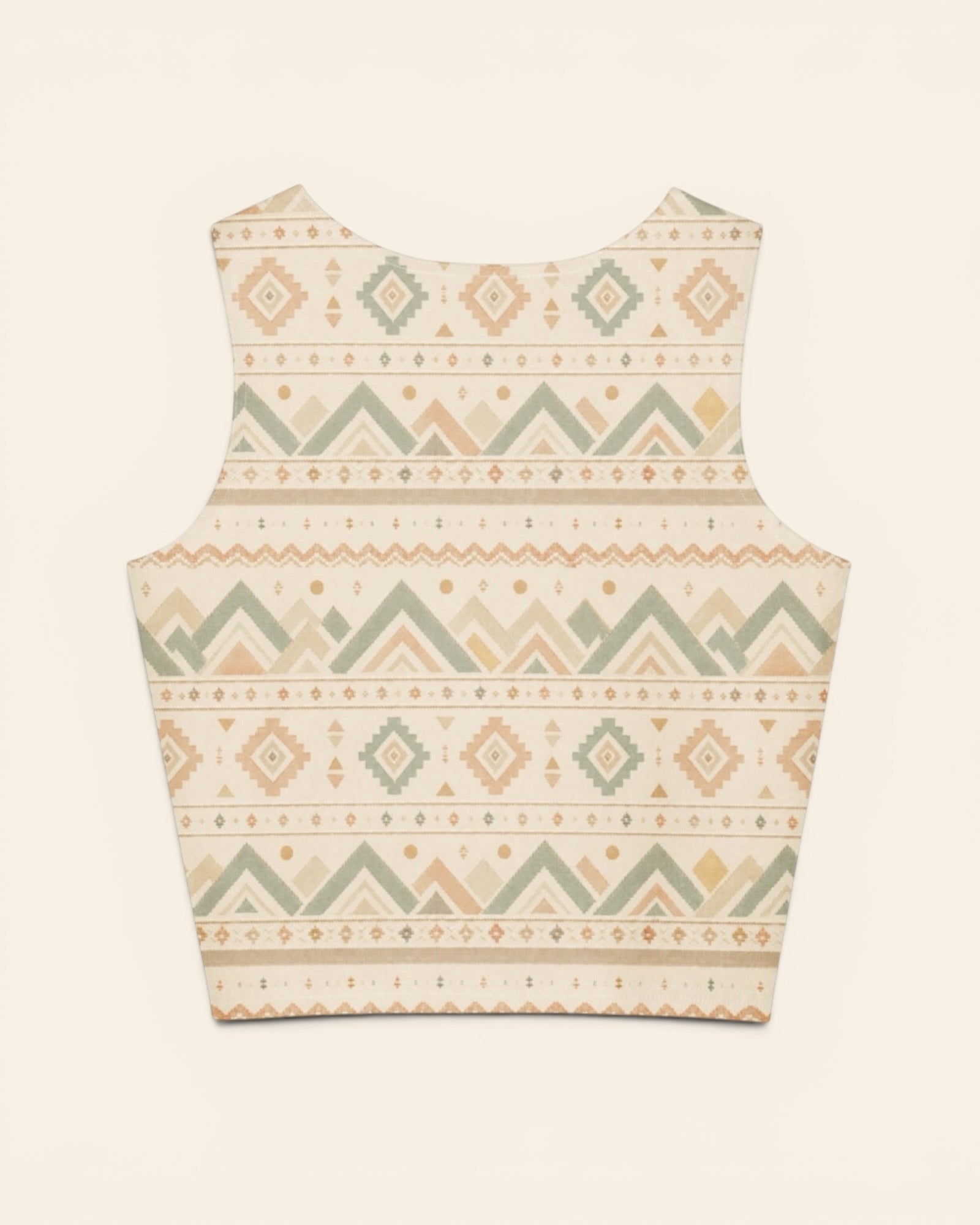 Where The Mountains Wait Crop Top, with mountain-inspired geometric bands in sage, sand, and peach print