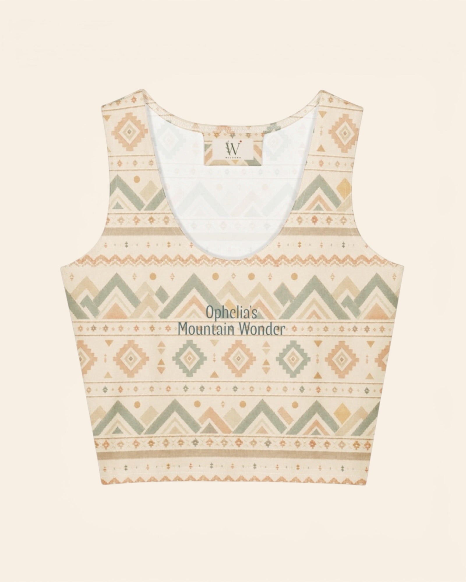 Where The Mountains Wait Crop Top, with mountain-inspired geometric bands in sage, sand, and peach print