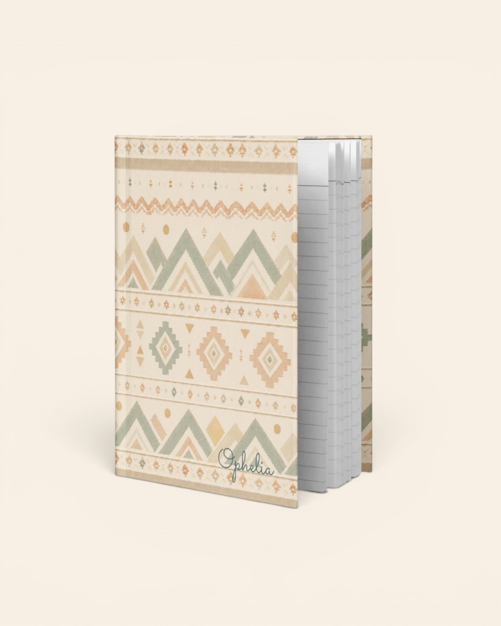 Where The Mountains Wait Journal, with mountain-inspired geometric bands in sage, sand, and peach print