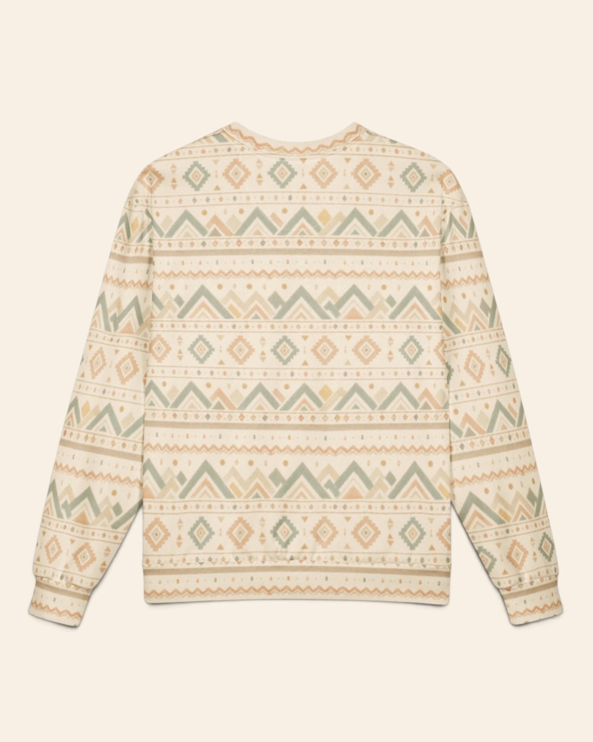 The same crewneck shown flat from the back on a plain cream background, with no text, so the all-over print runs unbroken across the body and sleeves. It is cream, banded with sage and gold chevrons, diamonds and small geometric motifs.