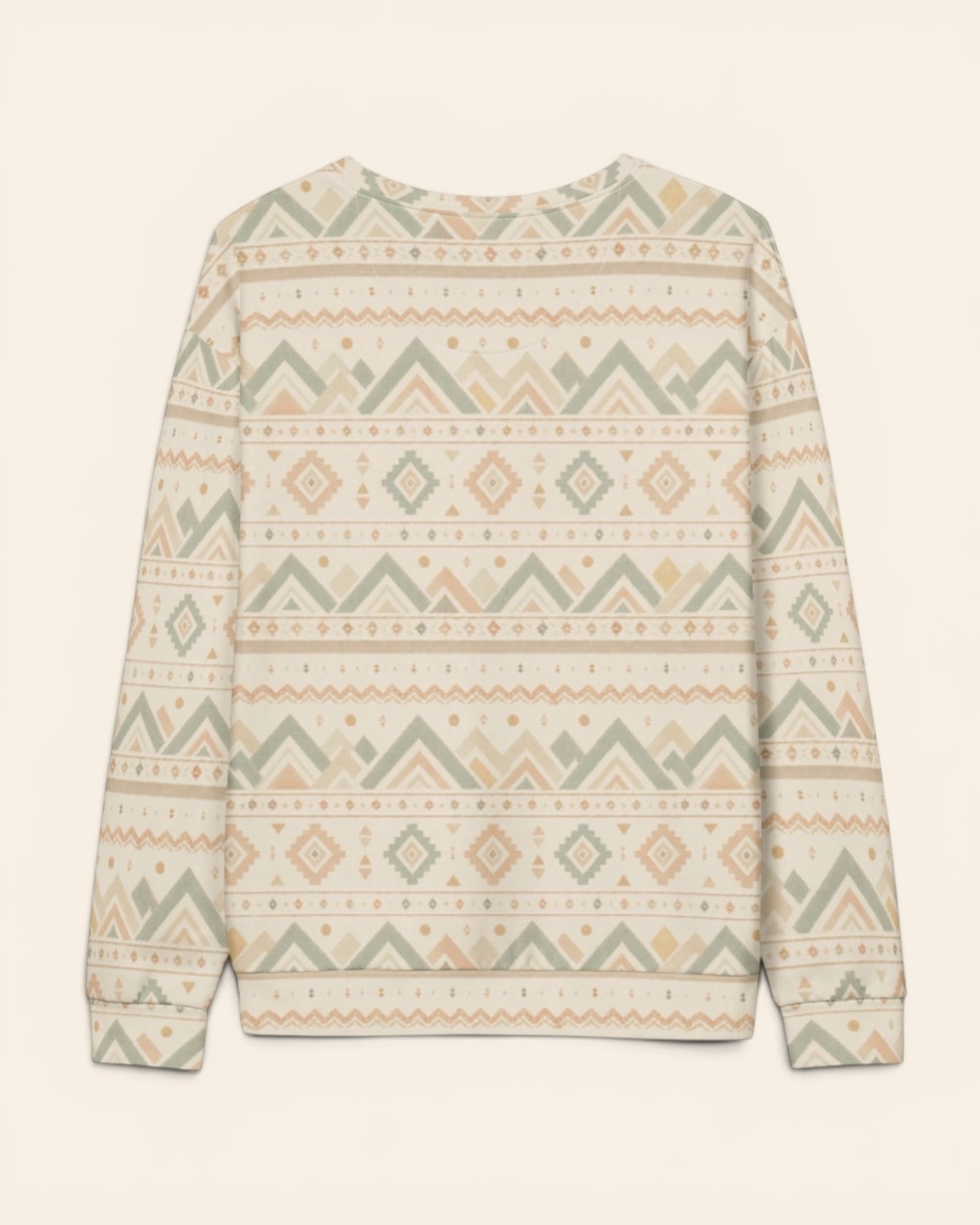 Where The Mountains Wait Crewneck Sweatshirt, with mountain-inspired geometric bands in sage, sand, and peach print