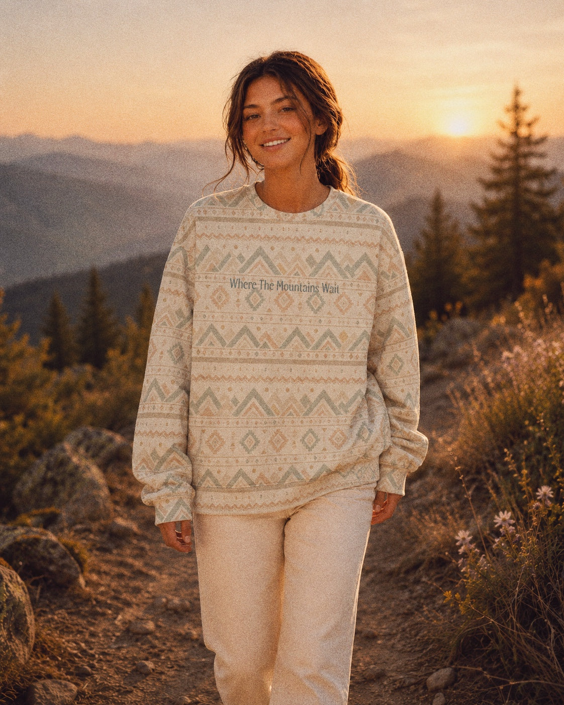 Where The Mountains Wait Crewneck Sweatshirt, with mountain-inspired geometric bands in sage, sand, and peach print