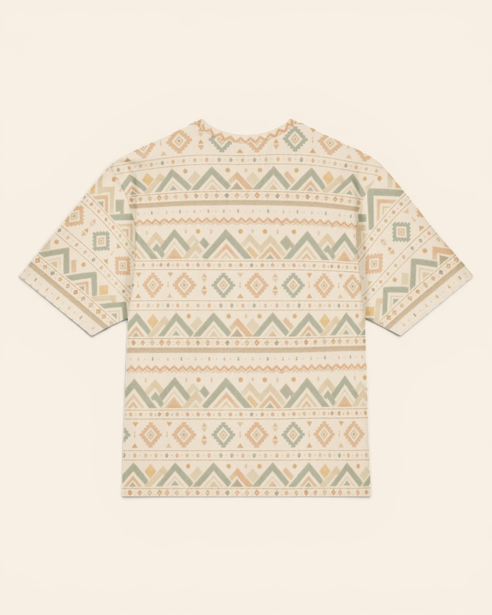 Where The Mountains Wait Oversized Tee, with mountain-inspired geometric bands in sage, sand, and peach print