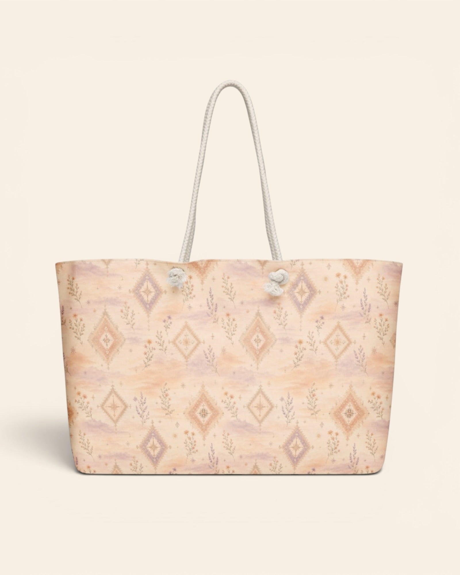 Where Alpenglow Blooms Weekender Bag, with alpenglow-inspired diamonds and alpine wildflower sprigs print