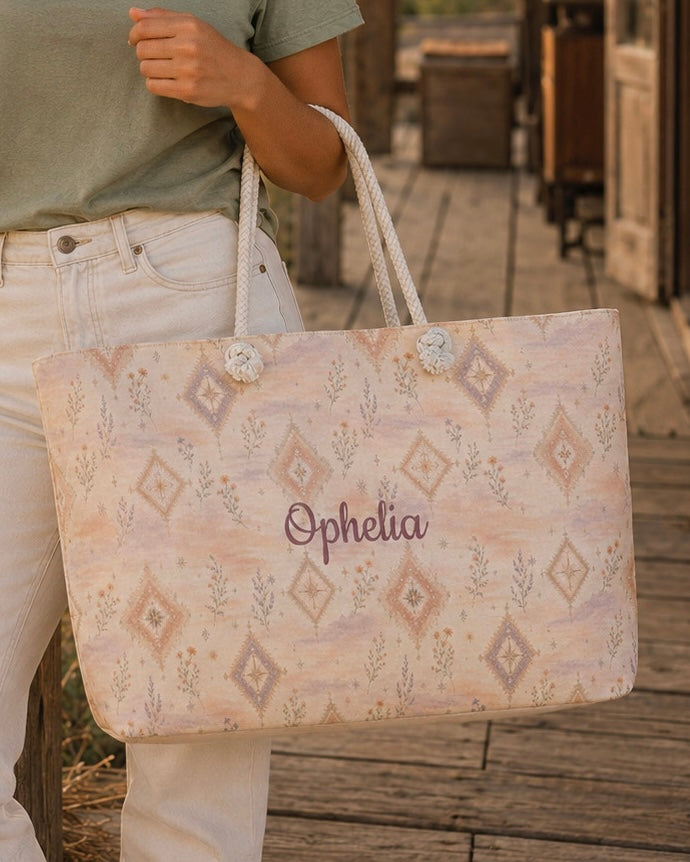 Where Alpenglow Blooms Weekender Bag, with alpenglow-inspired diamonds and alpine wildflower sprigs print