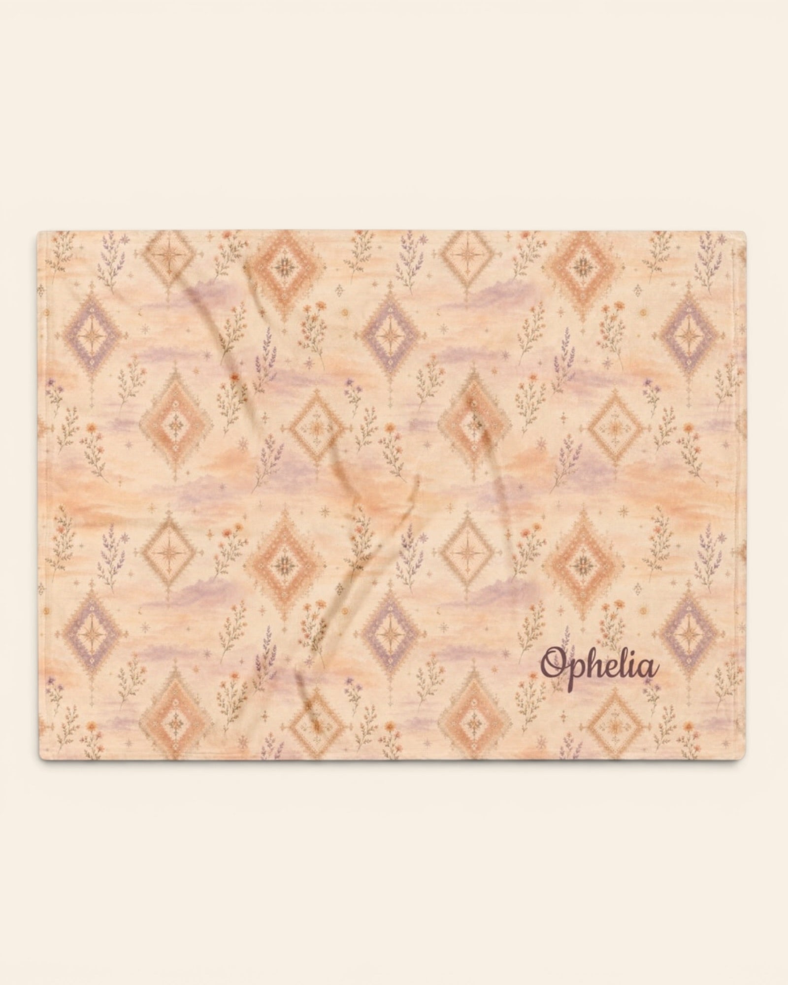 Where Alpenglow Blooms Throw Blanket, with alpenglow-inspired diamonds and alpine wildflower sprigs print