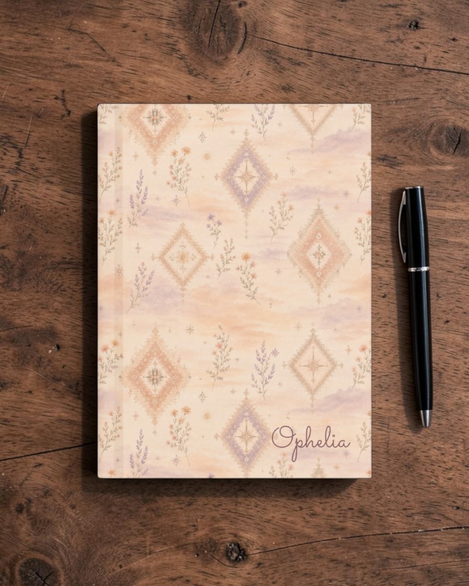 Where Alpenglow Blooms Journal, with alpenglow-inspired diamonds and alpine wildflower sprigs print