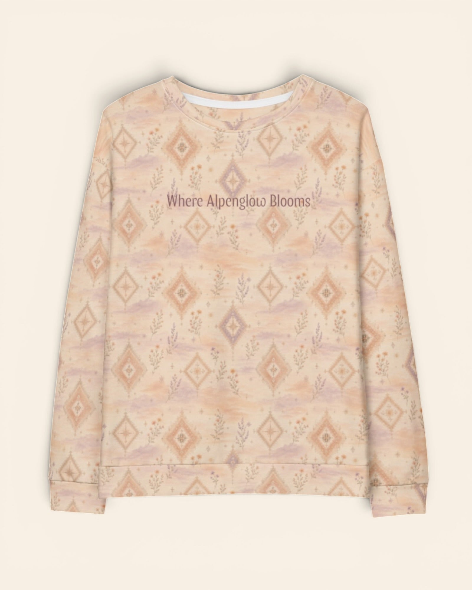 Where Alpenglow Blooms Crewneck Sweatshirt, with alpenglow-inspired diamonds and alpine wildflower sprigs print