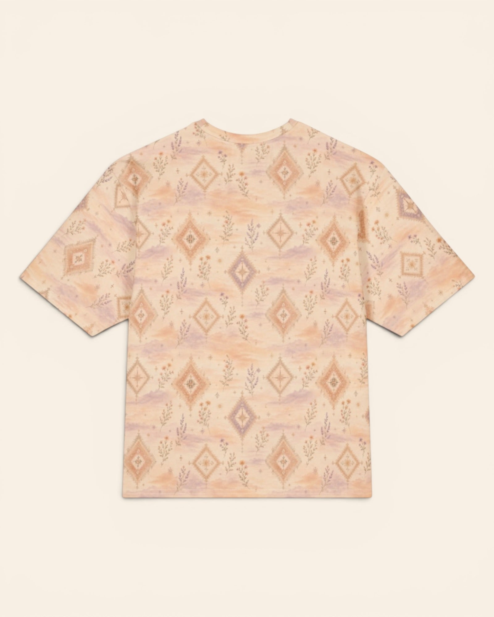 Where Alpenglow Blooms Oversized Tee, with alpenglow-inspired diamonds and alpine wildflower sprigs print