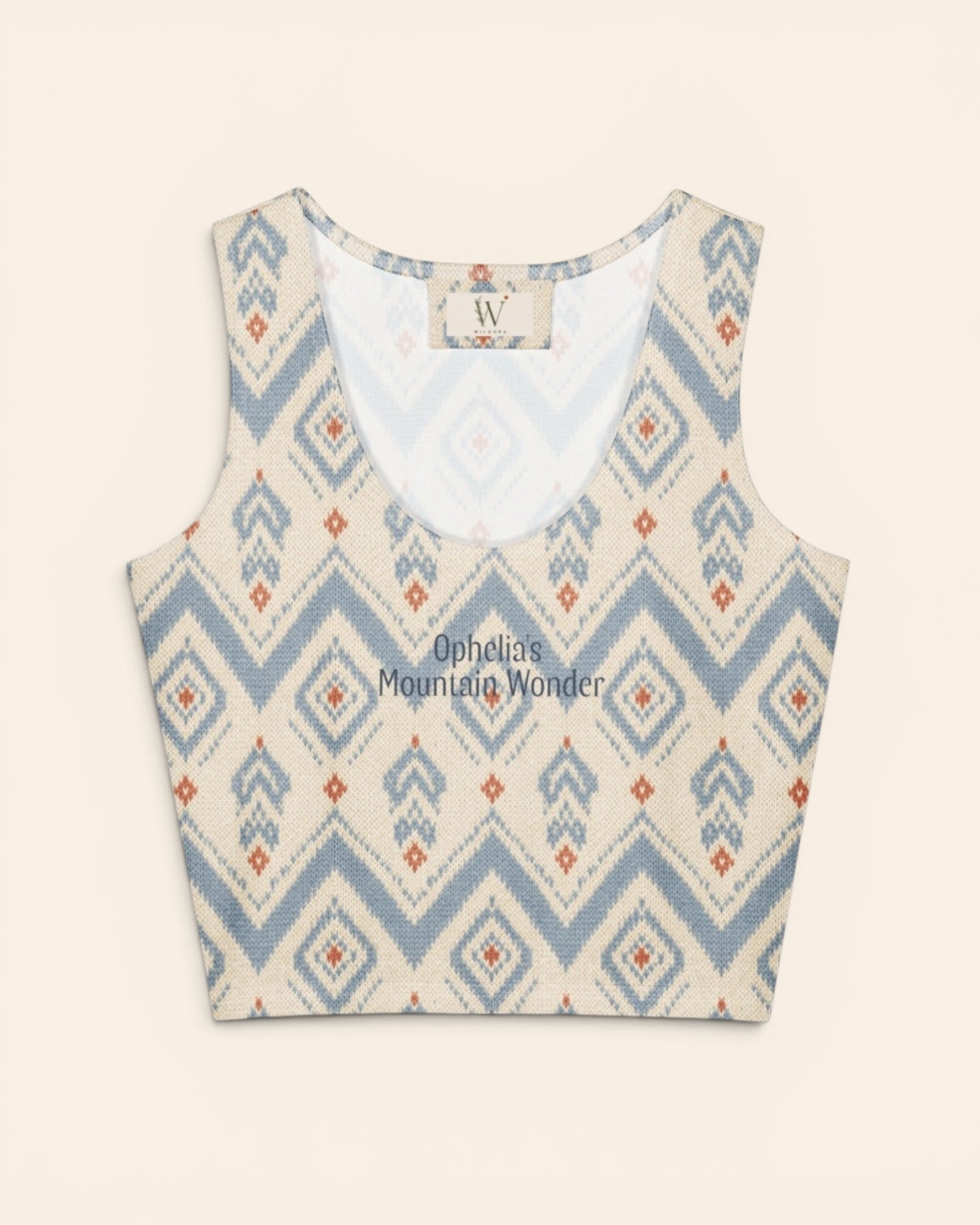 The Alpine Hours Crop Top, with mountain-inspired diamonds and rust accents print