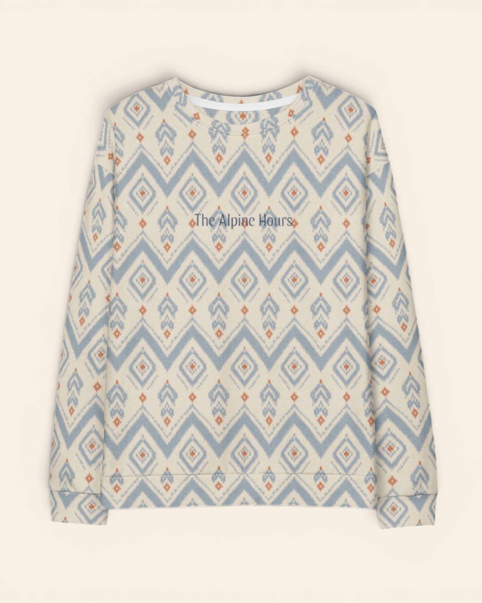The Alpine Hours Crewneck Sweatshirt, with mountain-inspired diamonds and rust accents print