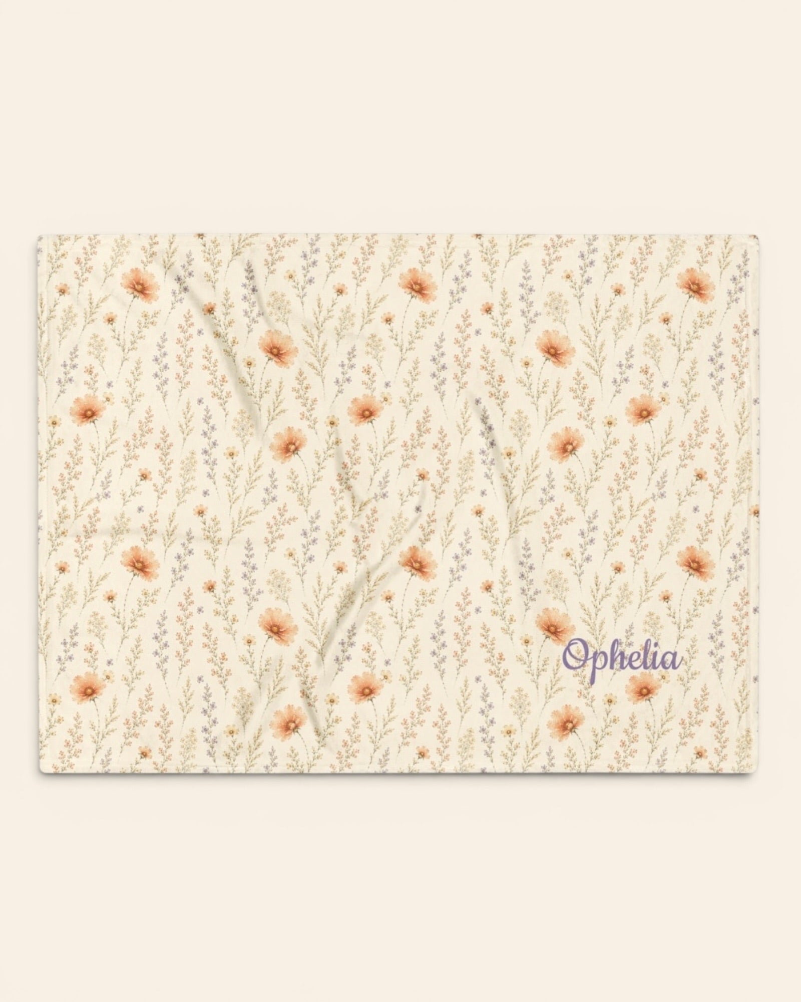 Wildflower Dreams Throw Blanket, with apricot cosmos, larkspur, baby's breath, and golden stems print