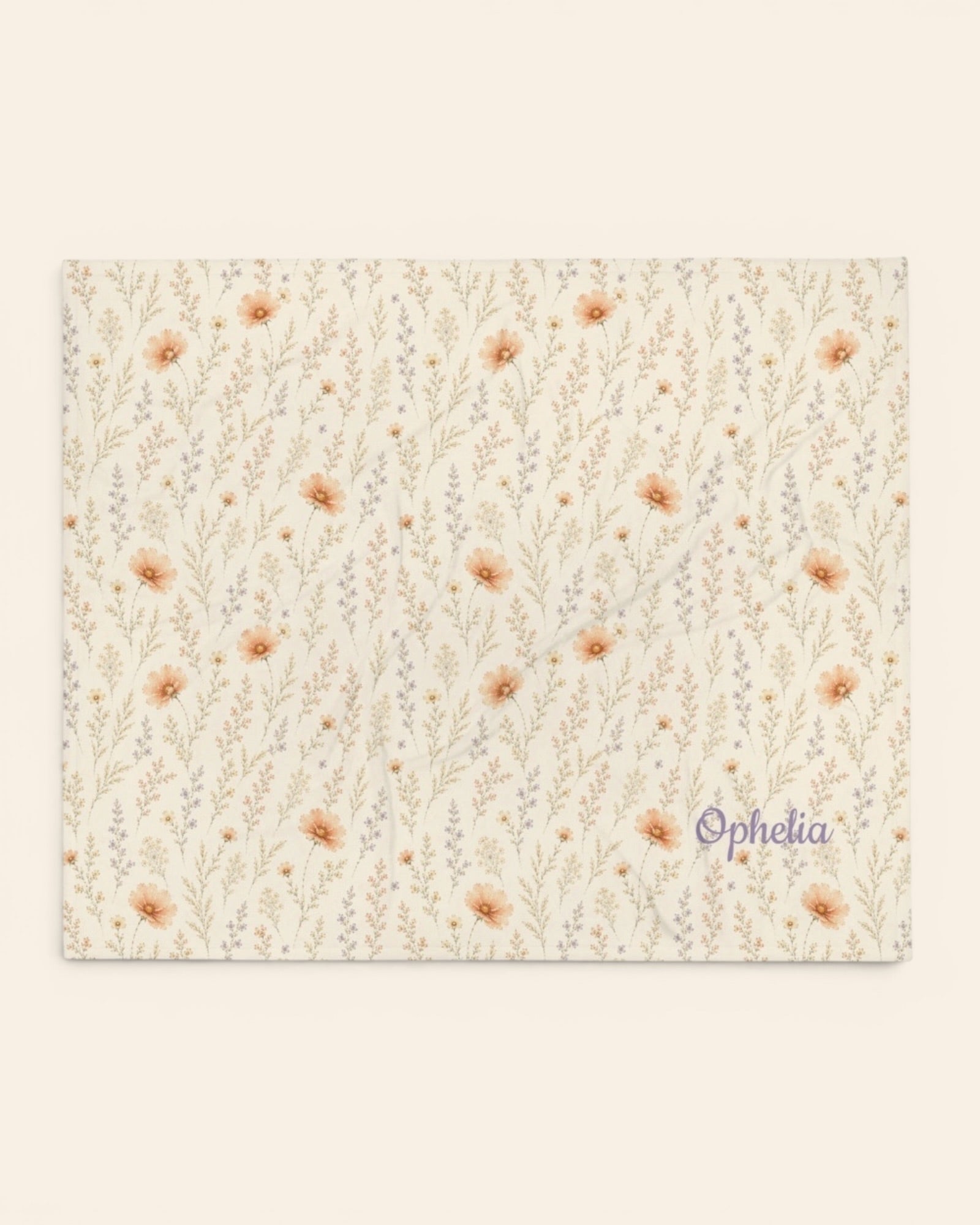 Wildflower Dreams Throw Blanket, with apricot cosmos, larkspur, baby's breath, and golden stems print