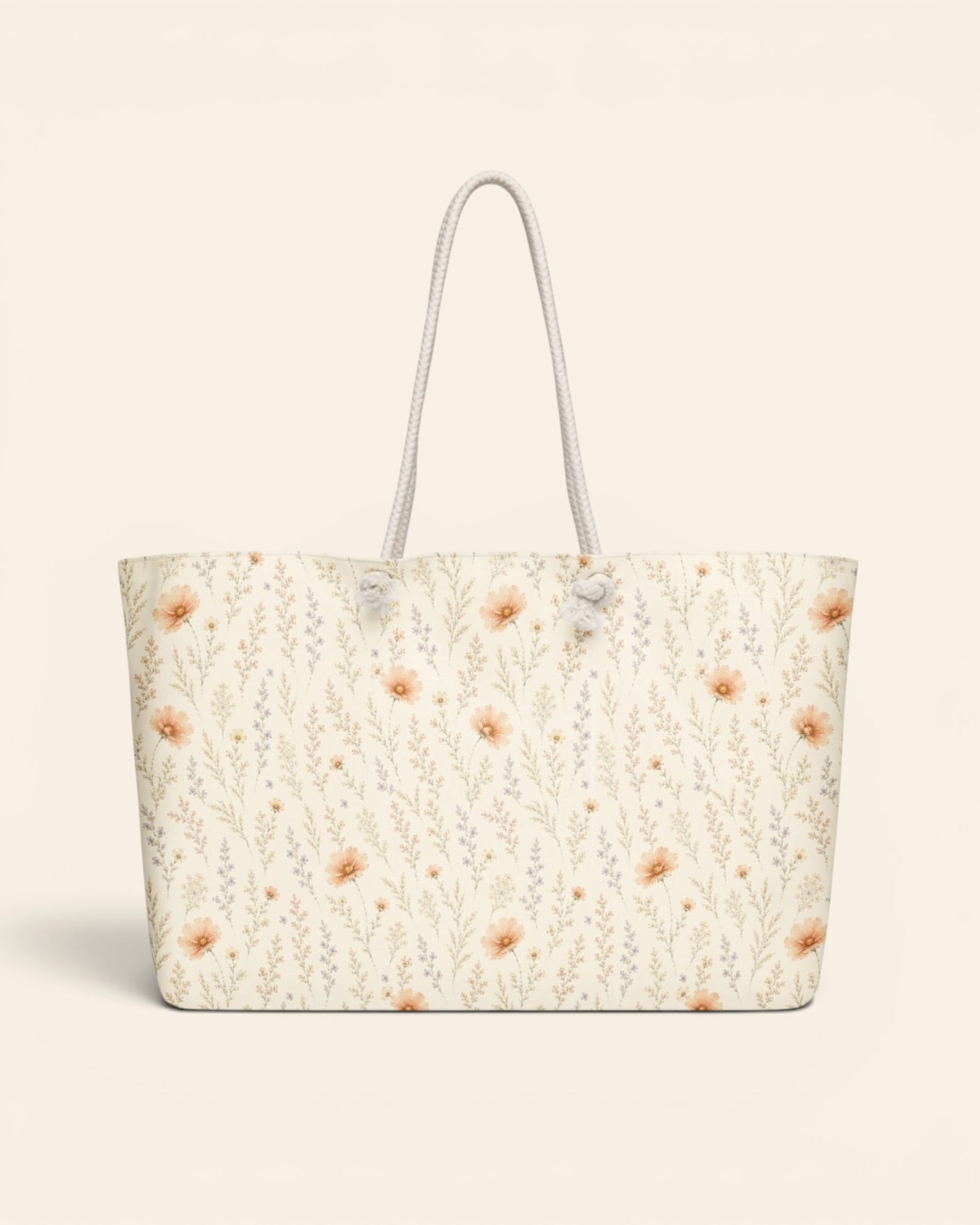Wildflower Dreams Weekender Bag, with apricot cosmos, larkspur, baby's breath, and golden stems print