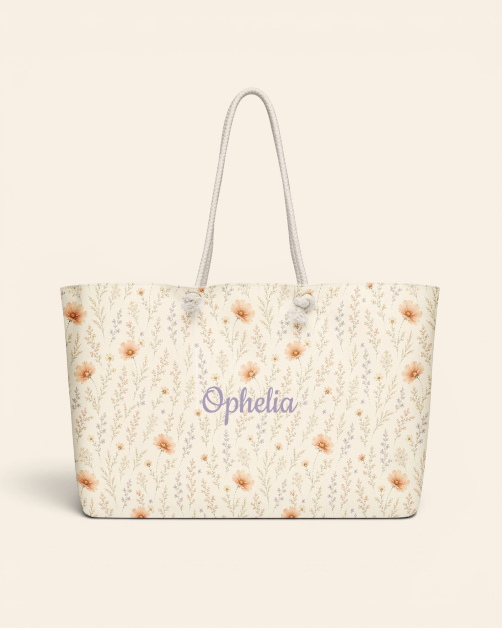 Wildflower Dreams Weekender Bag, with apricot cosmos, larkspur, baby's breath, and golden stems print
