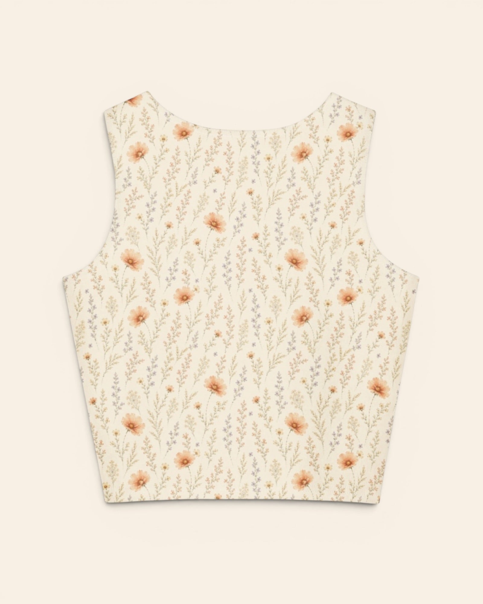 Wildflower Dreams Crop Top, with apricot cosmos, larkspur, baby's breath, and golden stems print