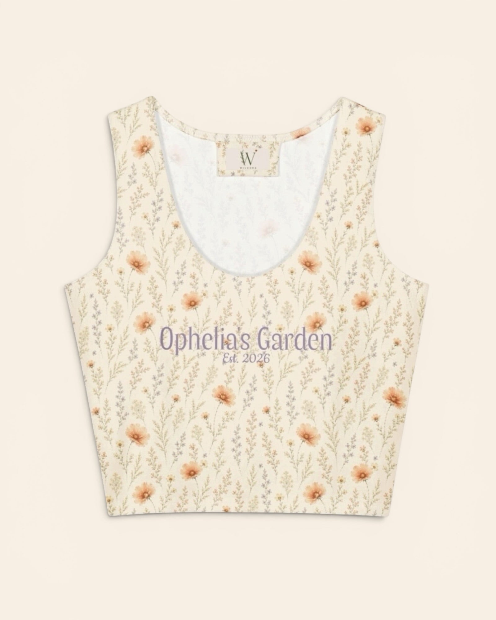 Wildflower Dreams Crop Top, with apricot cosmos, larkspur, baby's breath, and golden stems print