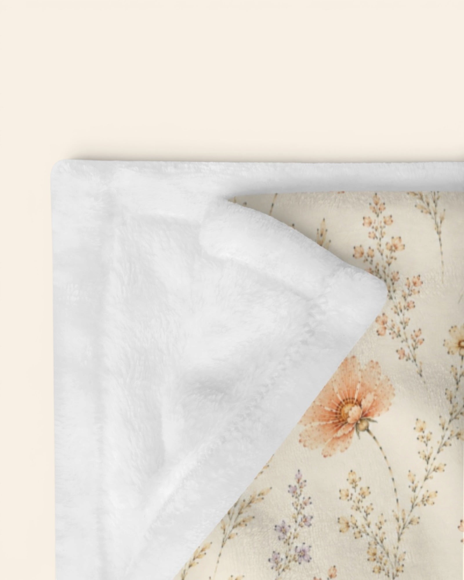 Wildflower Dreams Throw Blanket, with apricot cosmos, larkspur, baby's breath, and golden stems print
