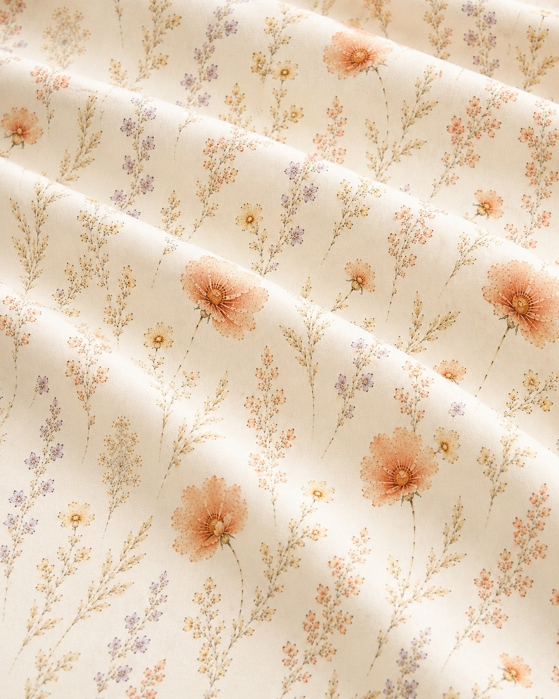 Wildflower Dreams Crop Top, with apricot cosmos, larkspur, baby's breath, and golden stems print