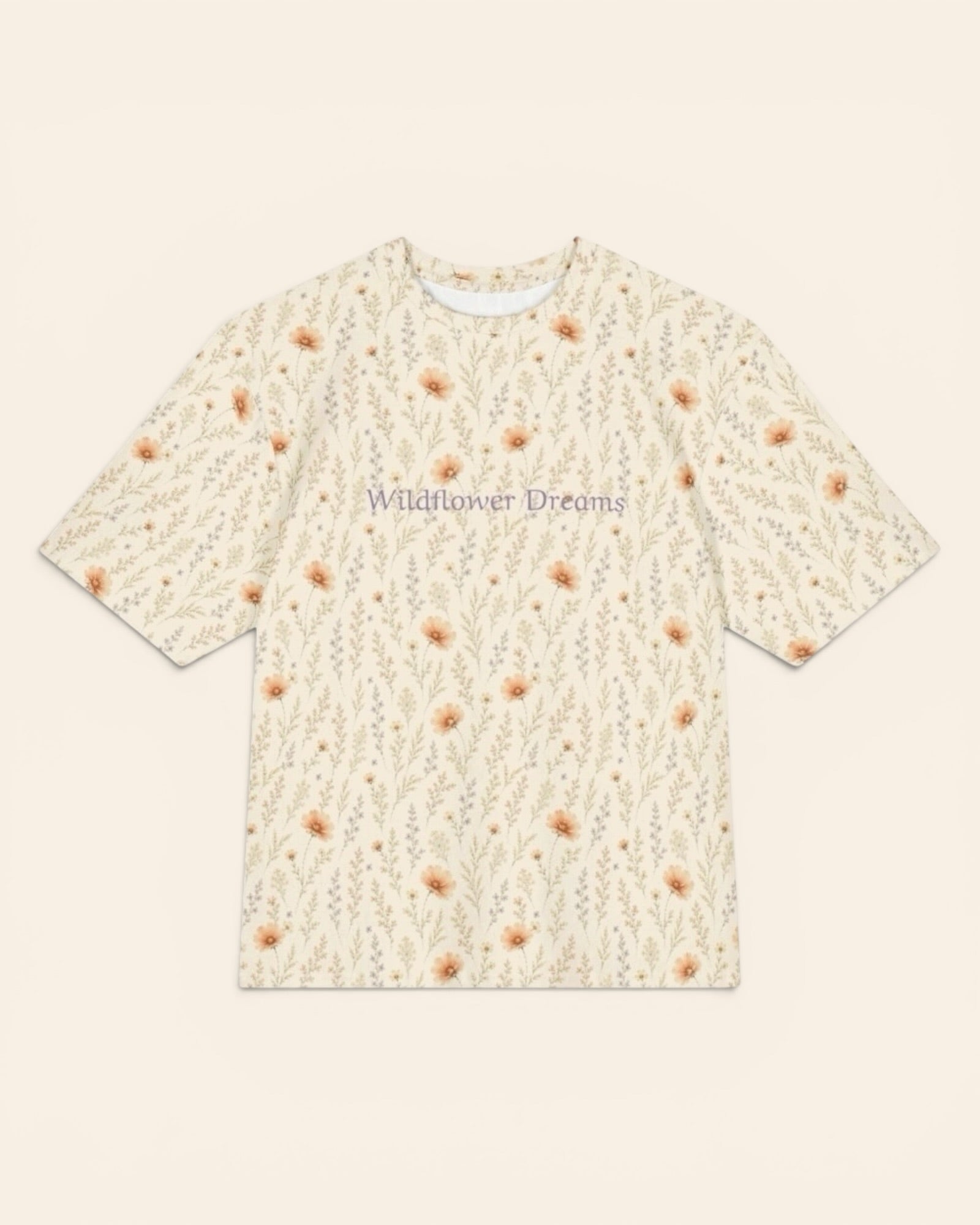 Wildflower Dreams Oversized Tee, with apricot cosmos, larkspur, baby's breath, and golden stems print