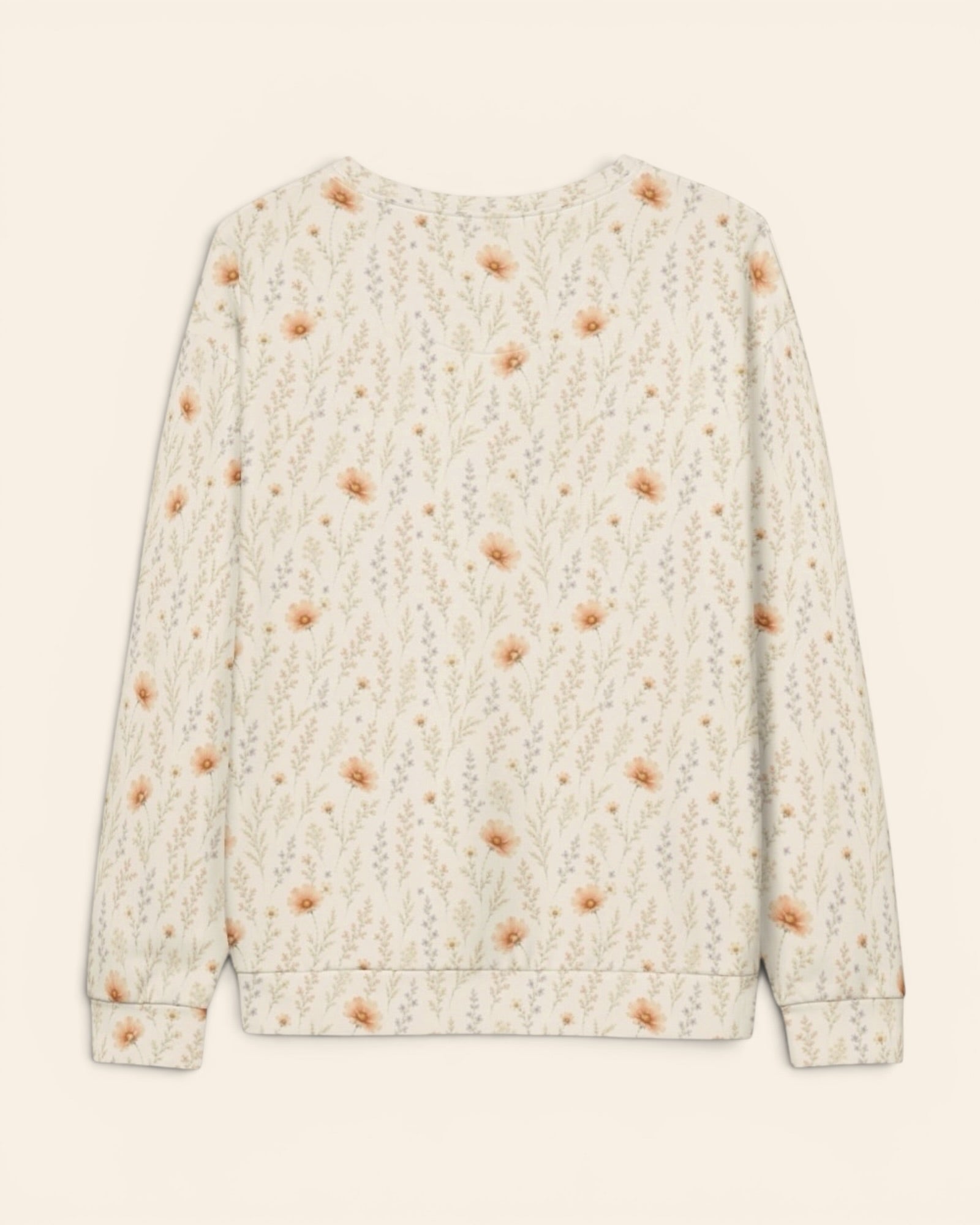 Wildflower Dreams Crewneck Sweatshirt, with apricot cosmos, larkspur, baby's breath, and golden stems print