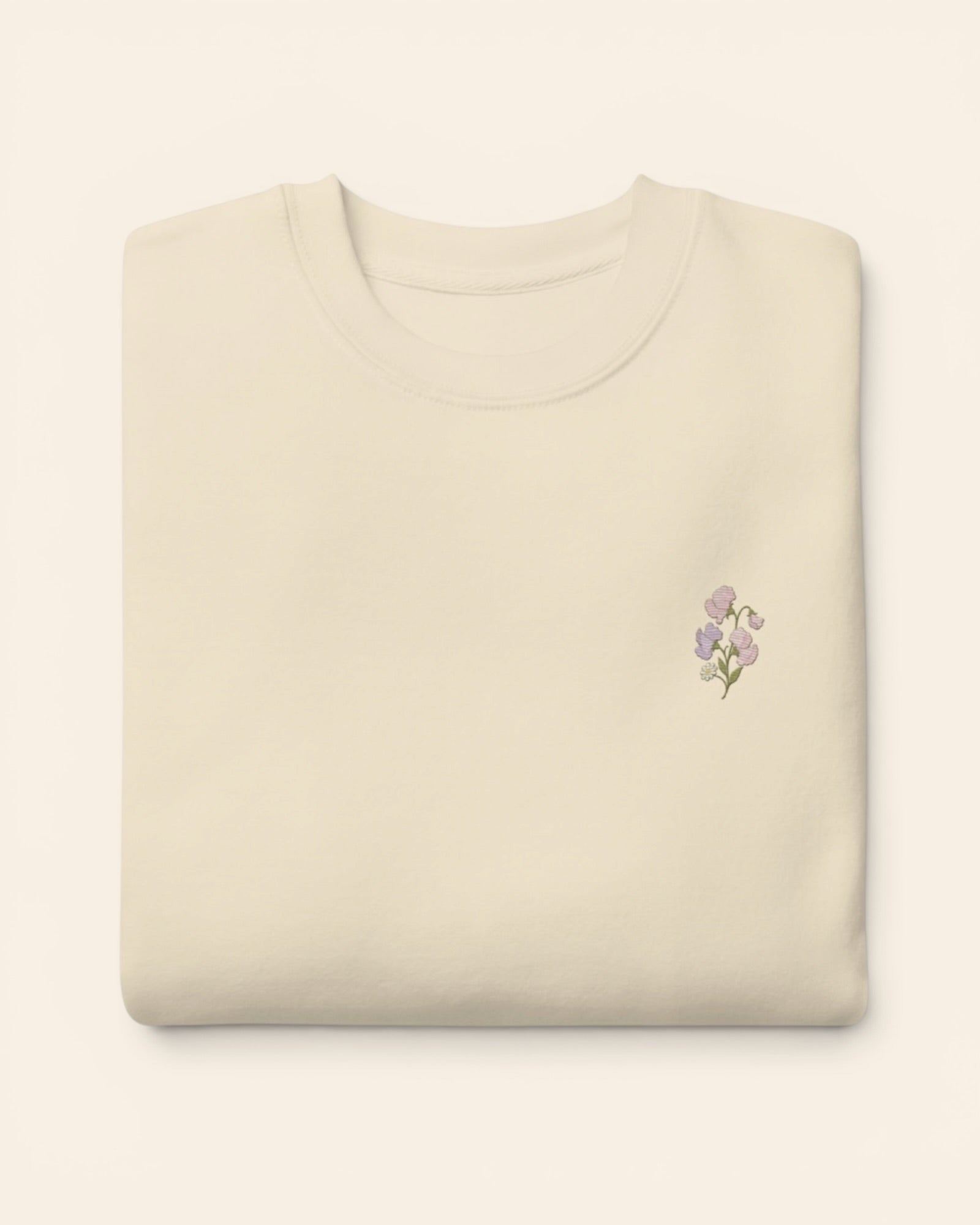 April birth flower crewneck sweatshirt with embroidered sweet pea and daisy, in Bone