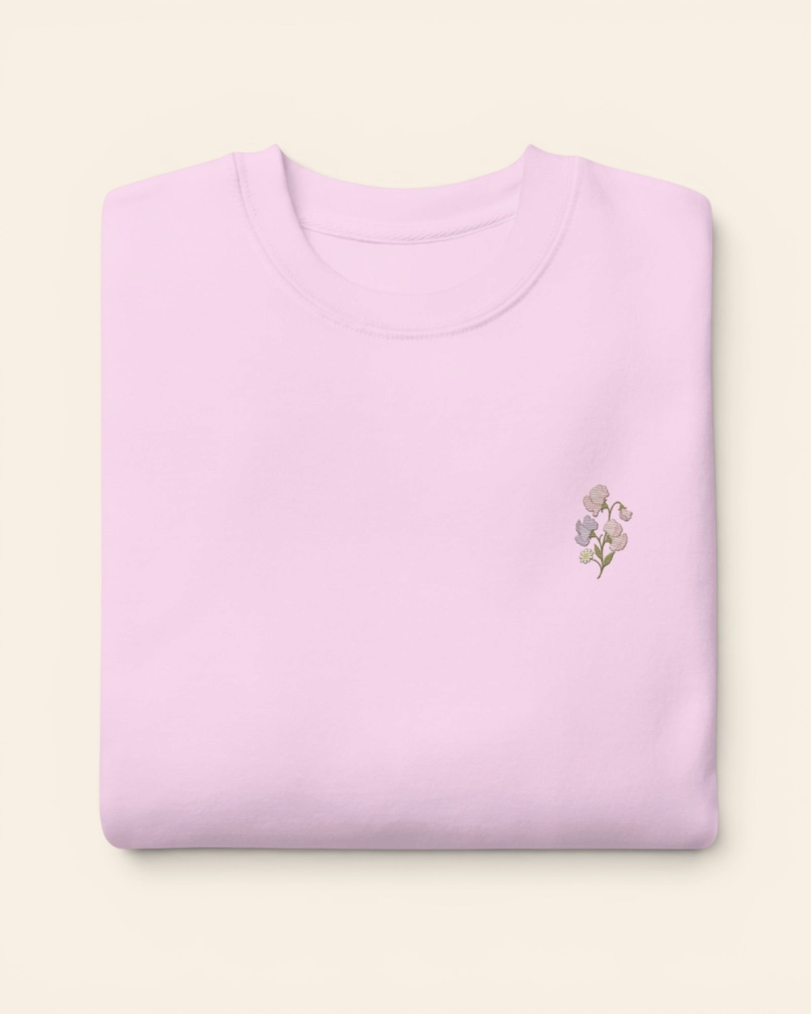 April birth flower crewneck sweatshirt with embroidered sweet pea and daisy, in Lavender