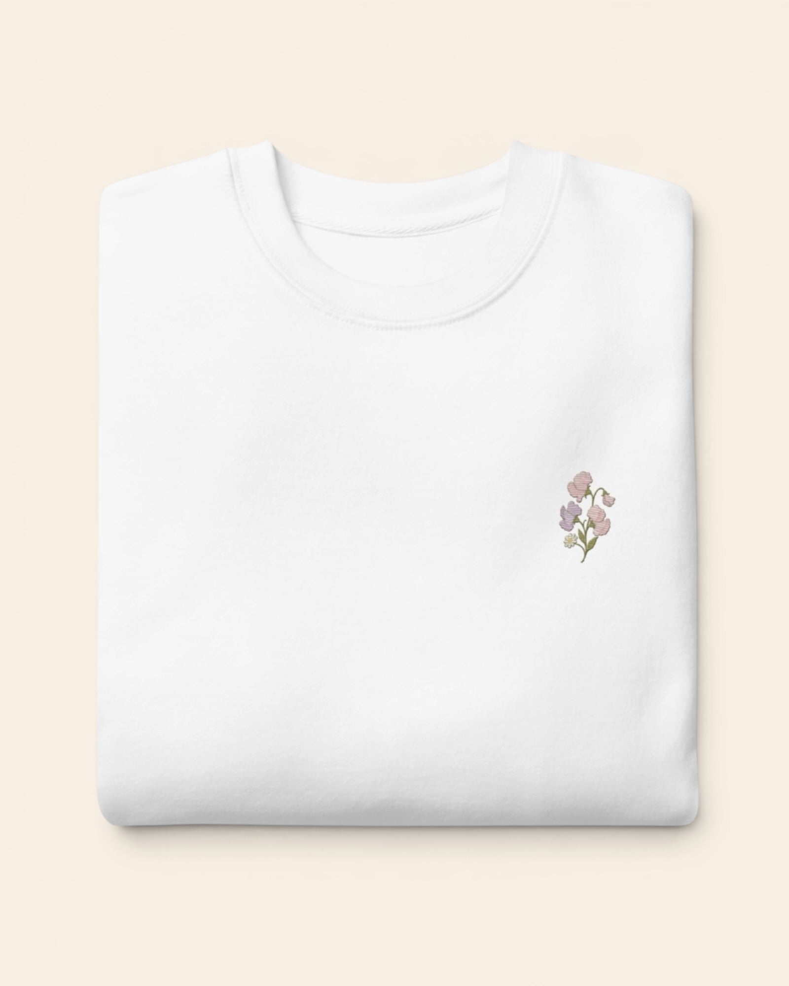 April birth flower crewneck sweatshirt with embroidered sweet pea and daisy, in White