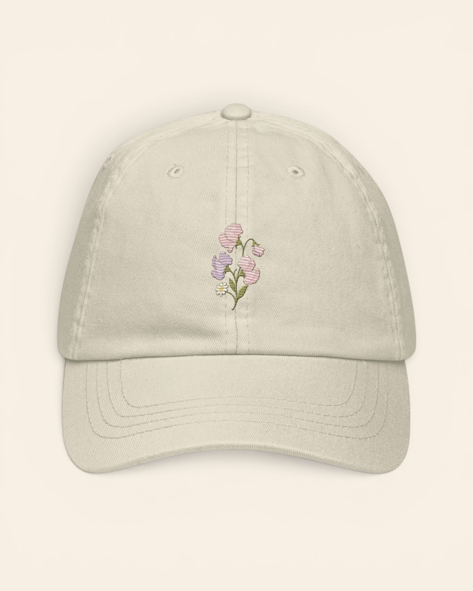 April birth flower hat with embroidered sweet pea and daisy, in Beige