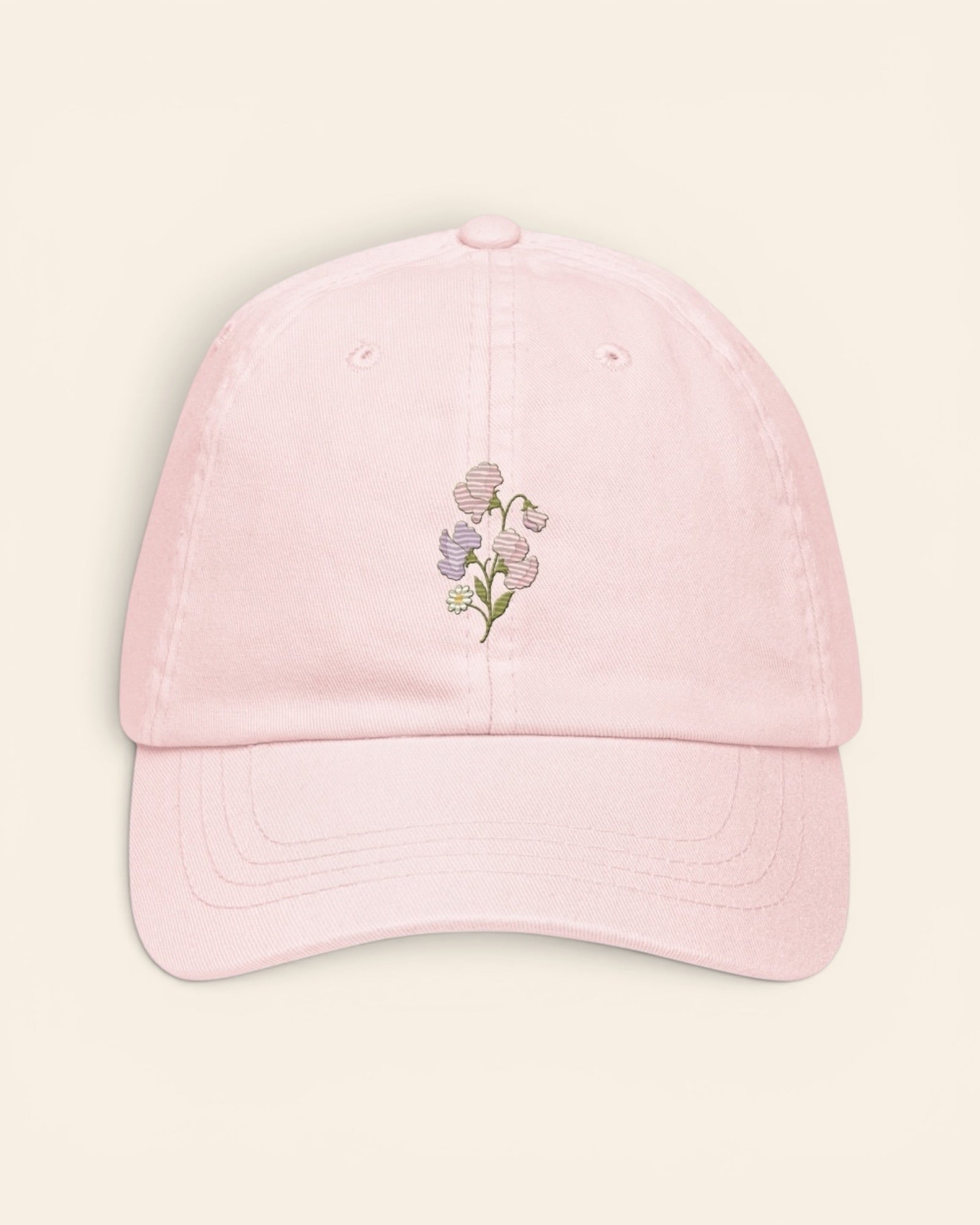April birth flower hat with embroidered sweet pea and daisy, in Pastel Pink