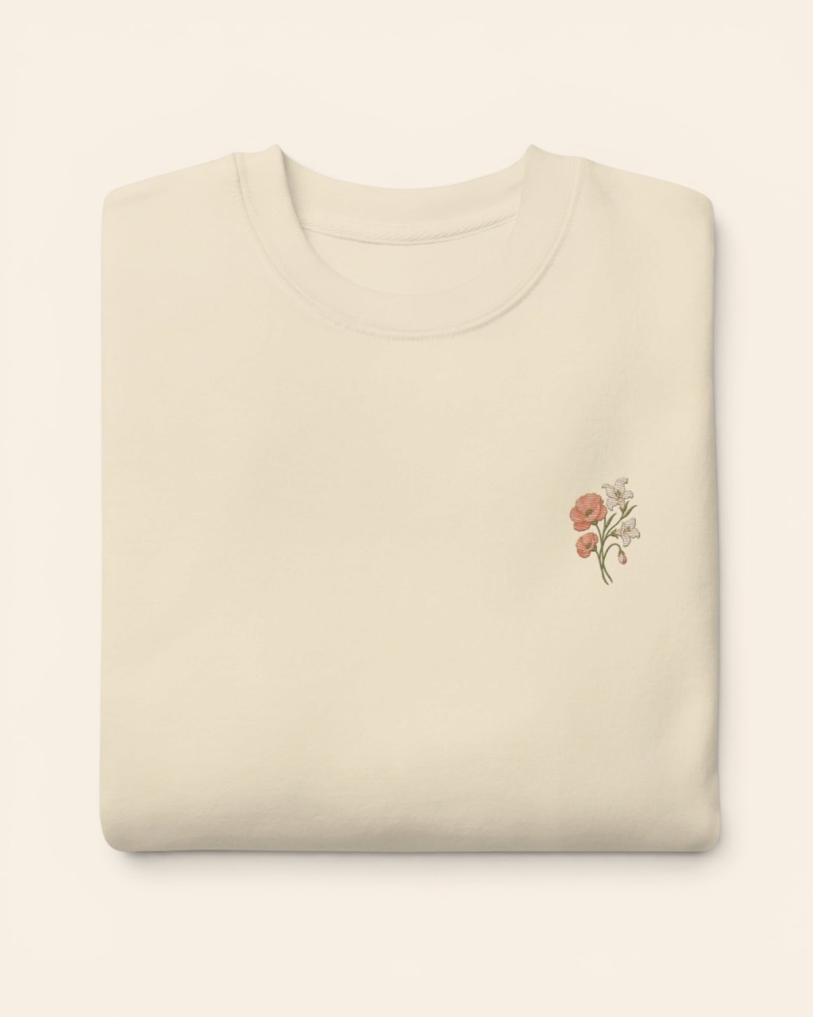 August birth flower crewneck sweatshirt with embroidered poppy and gladiolus, in Bone
