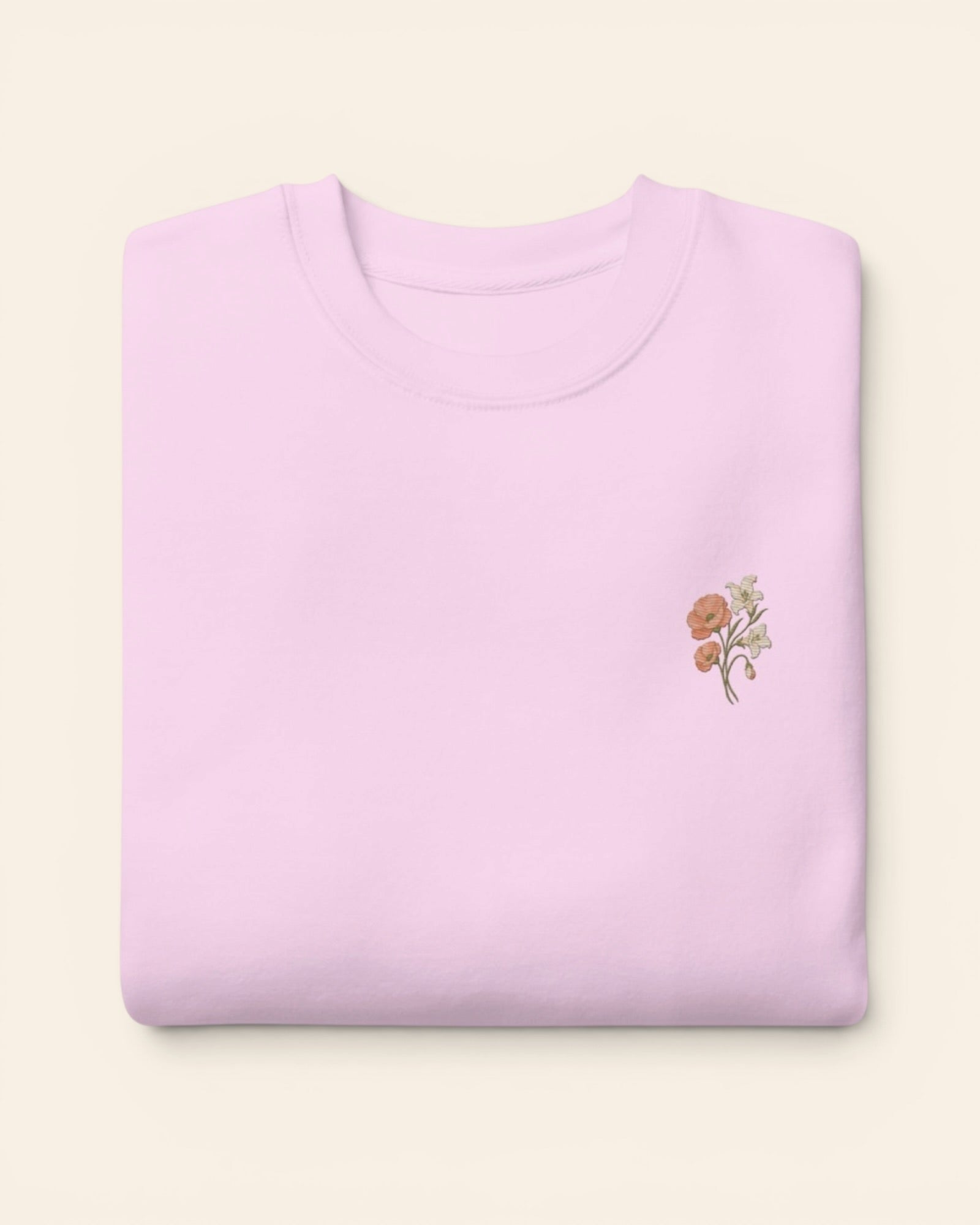 August birth flower crewneck sweatshirt with embroidered poppy and gladiolus, in Lavender