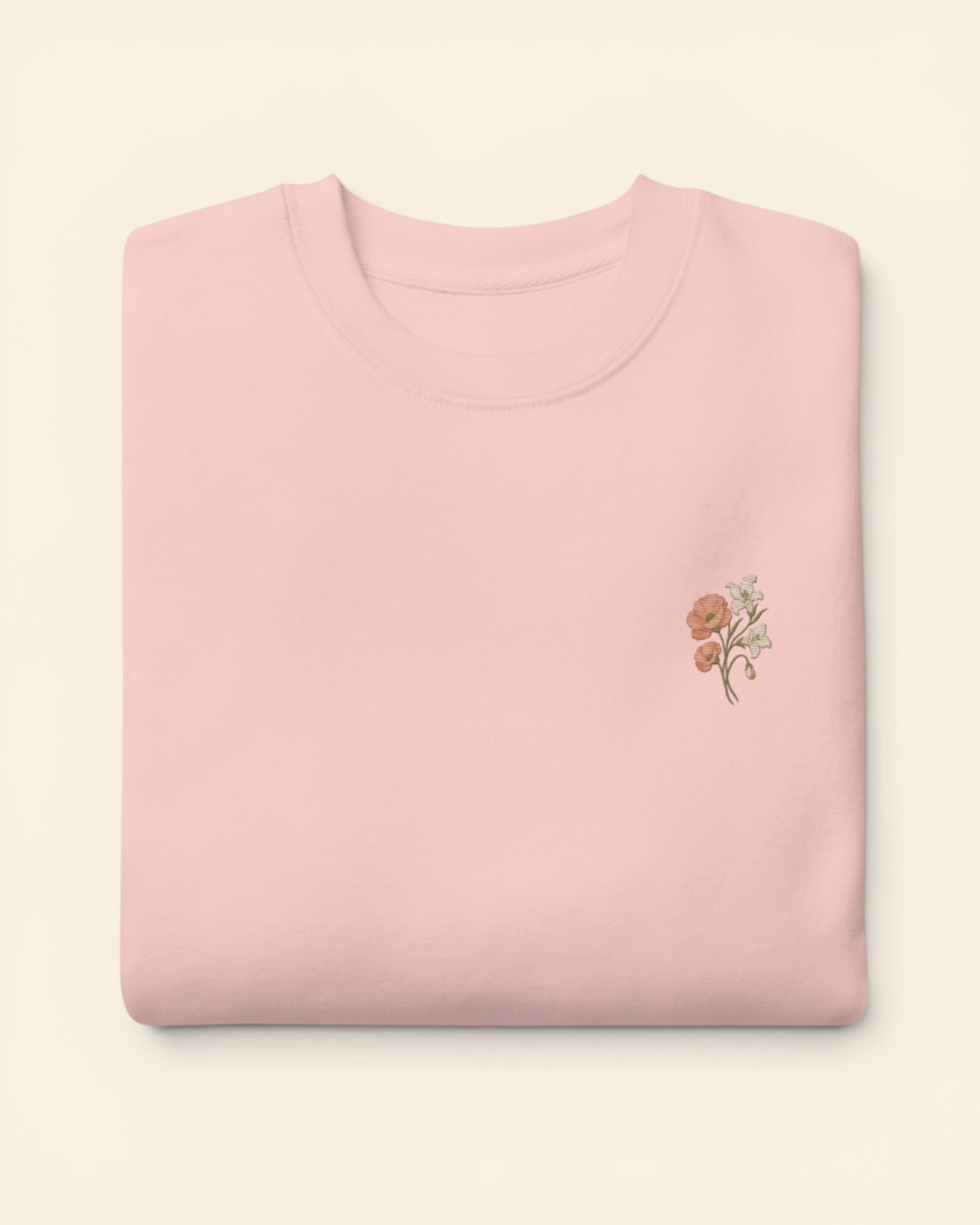 August birth flower crewneck sweatshirt with embroidered poppy and gladiolus, in Light Pink