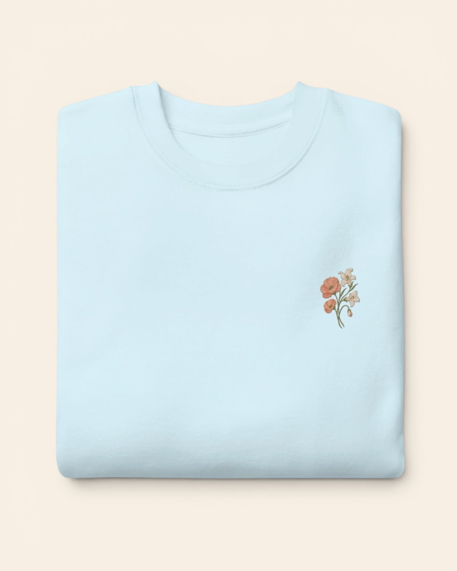 August birth flower crewneck sweatshirt with embroidered poppy and gladiolus, in Sky Blue