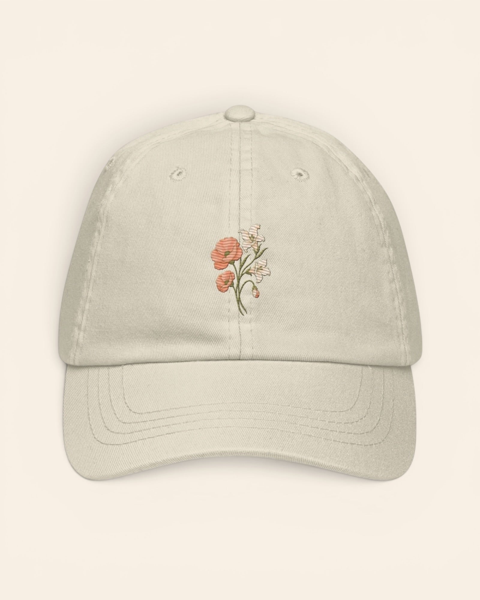 August birth flower hat with embroidered poppy and gladiolus, in Beige